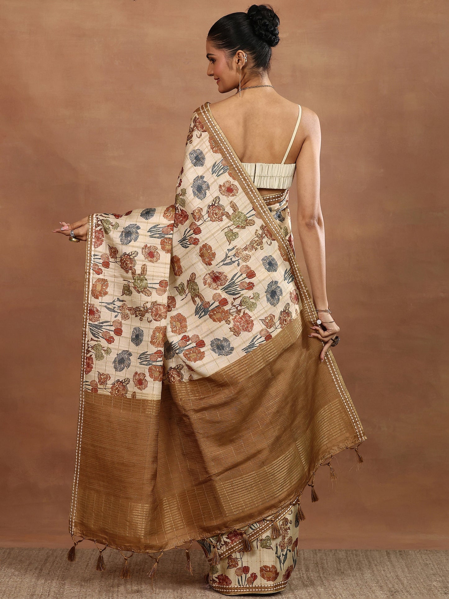 Beige Printed Silk Blend Sarees With Unstitched Blouse Piece