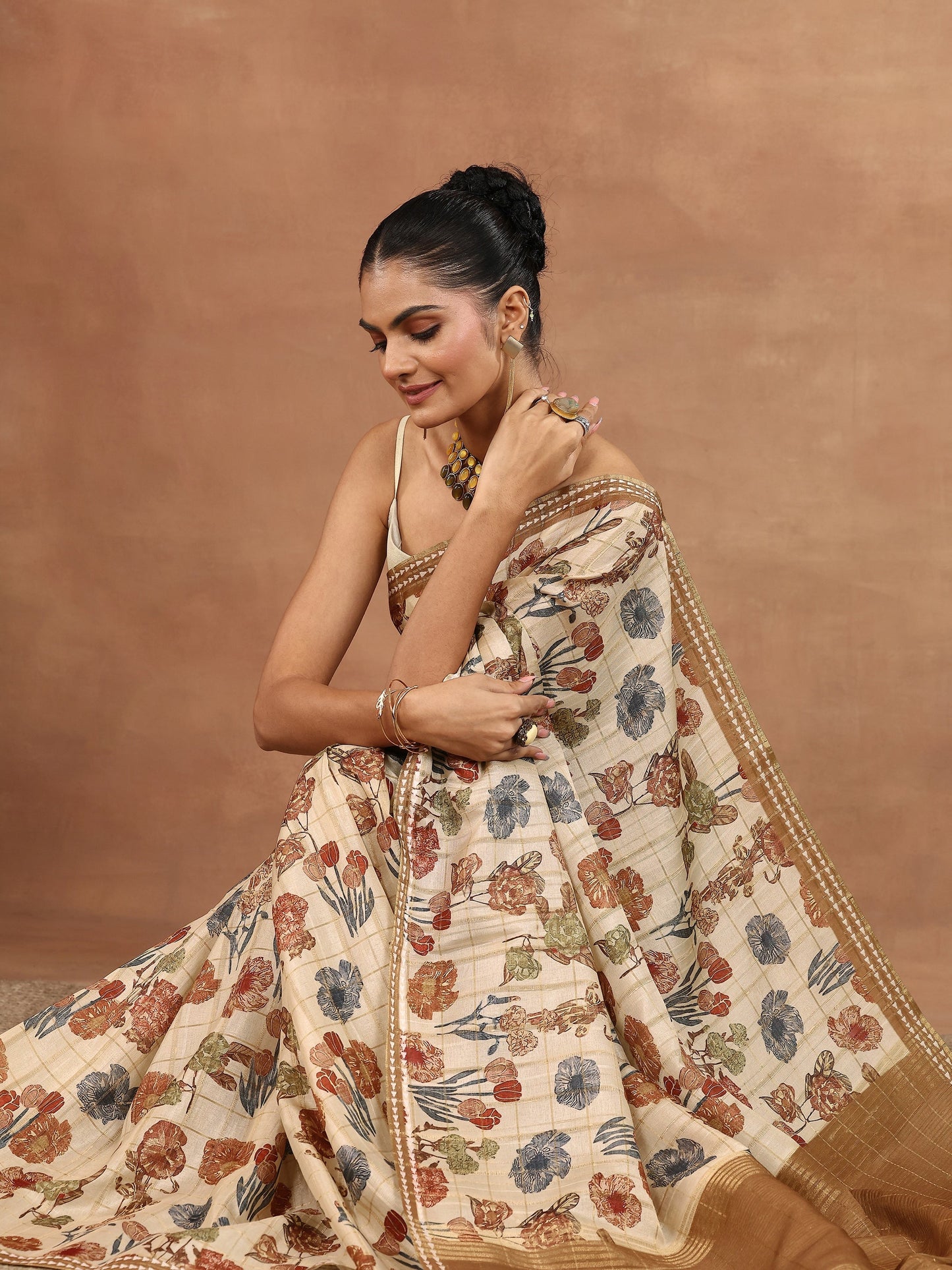 Beige Printed Silk Blend Sarees With Unstitched Blouse Piece