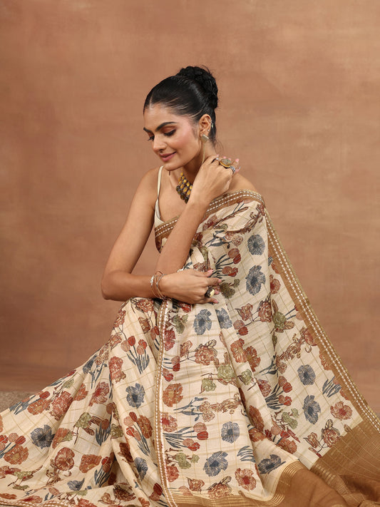 Beige Printed Silk Blend Sarees With Unstitched Blouse Piece