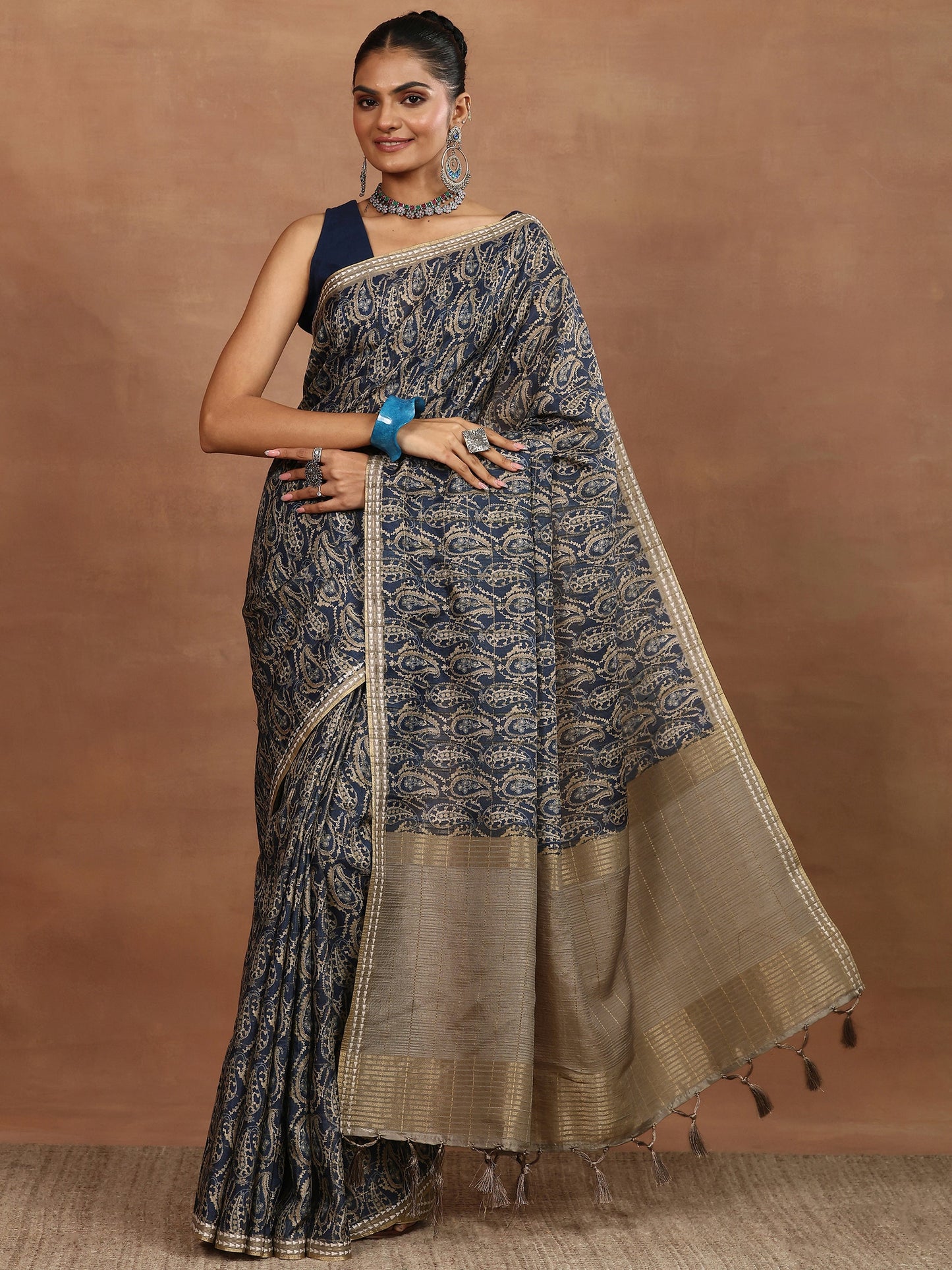 Navy Blue Printed Silk Blend Sarees With Unstitched Blouse Piece