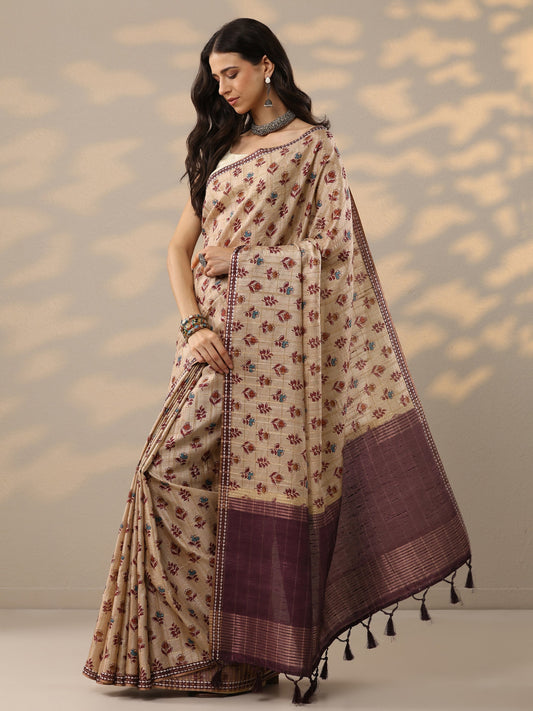 Beige Printed Silk Blend Saree With Unstitched Blouse Piece