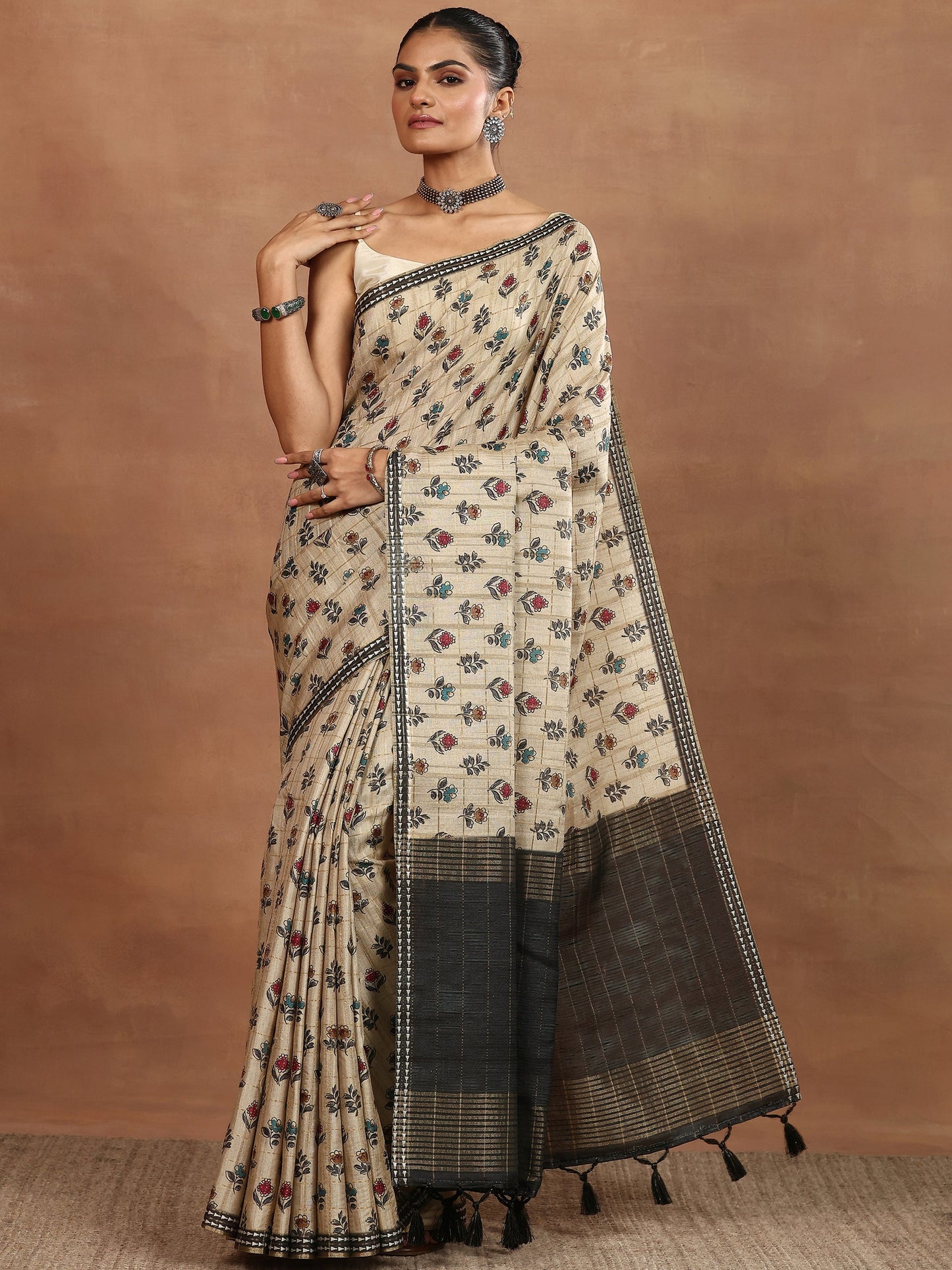 Beige Printed Silk Blend Sarees With Unstitched Blouse Piece