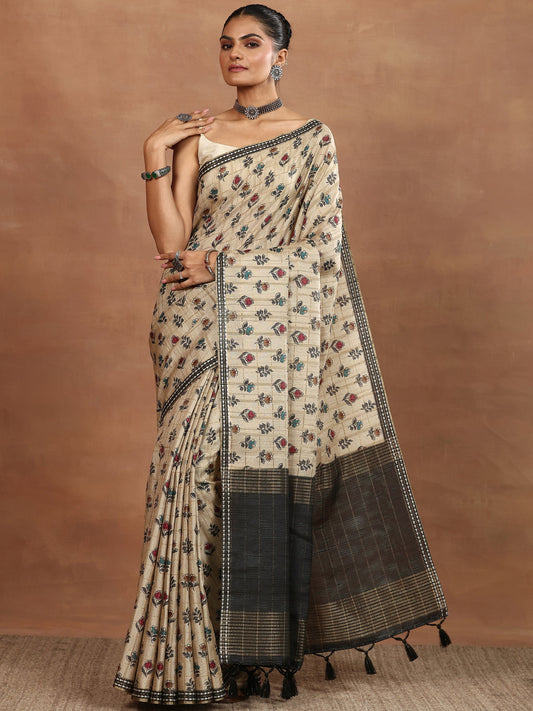 Beige Printed Silk Blend Sarees With Unstitched Blouse Piece