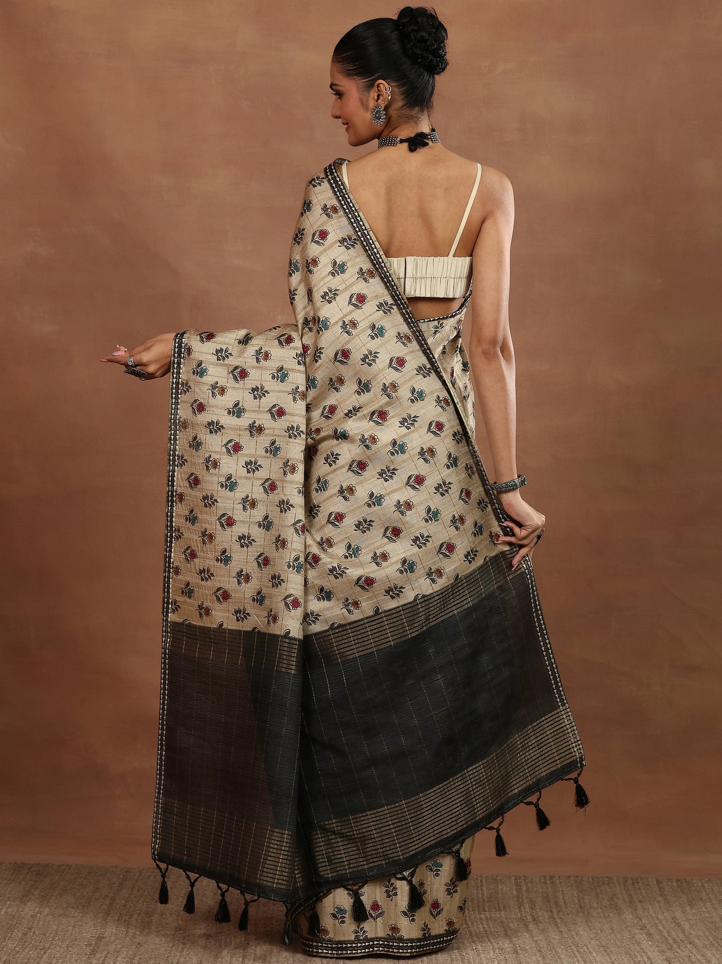 Beige Printed Silk Blend Sarees With Unstitched Blouse Piece