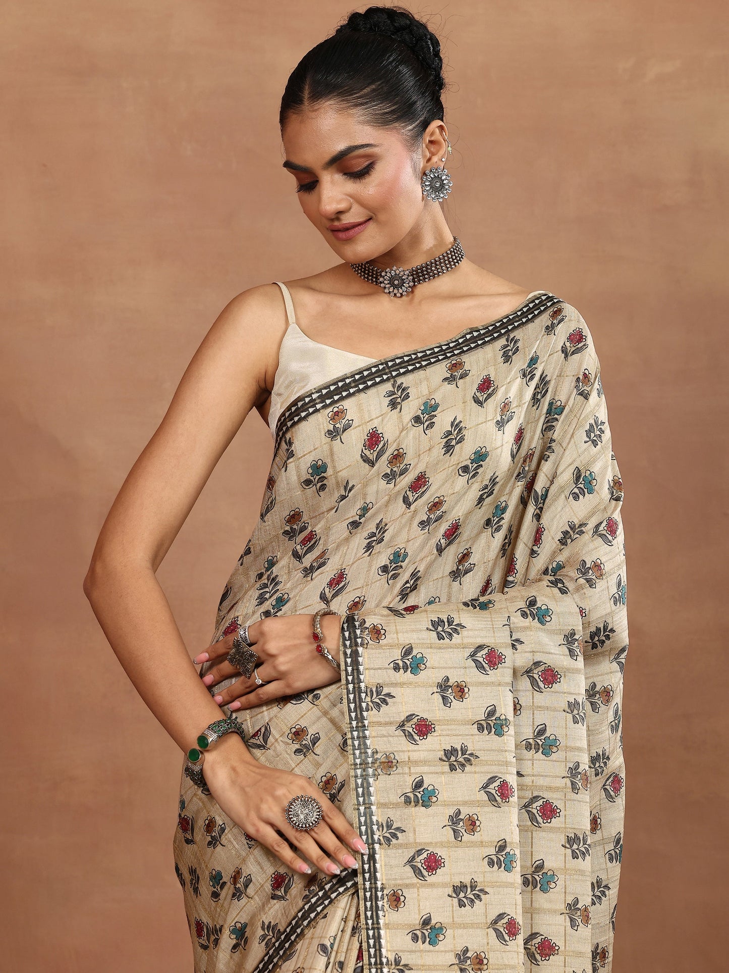 Beige Printed Silk Blend Sarees With Unstitched Blouse Piece