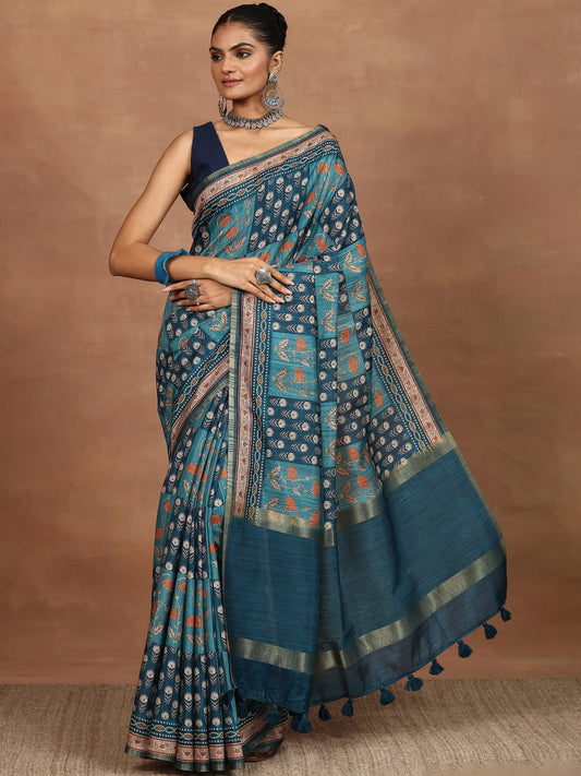 Green Printed Silk Blend Sarees With Unstitched Blouse Piece