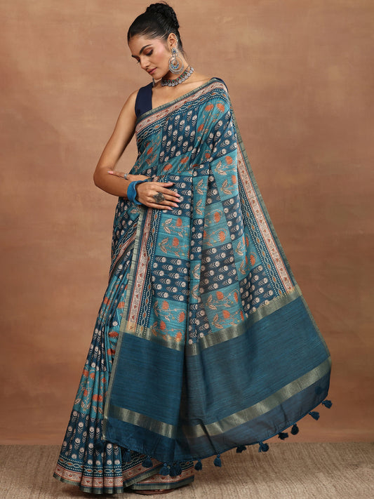 Green Printed Silk Blend Sarees With Unstitched Blouse Piece