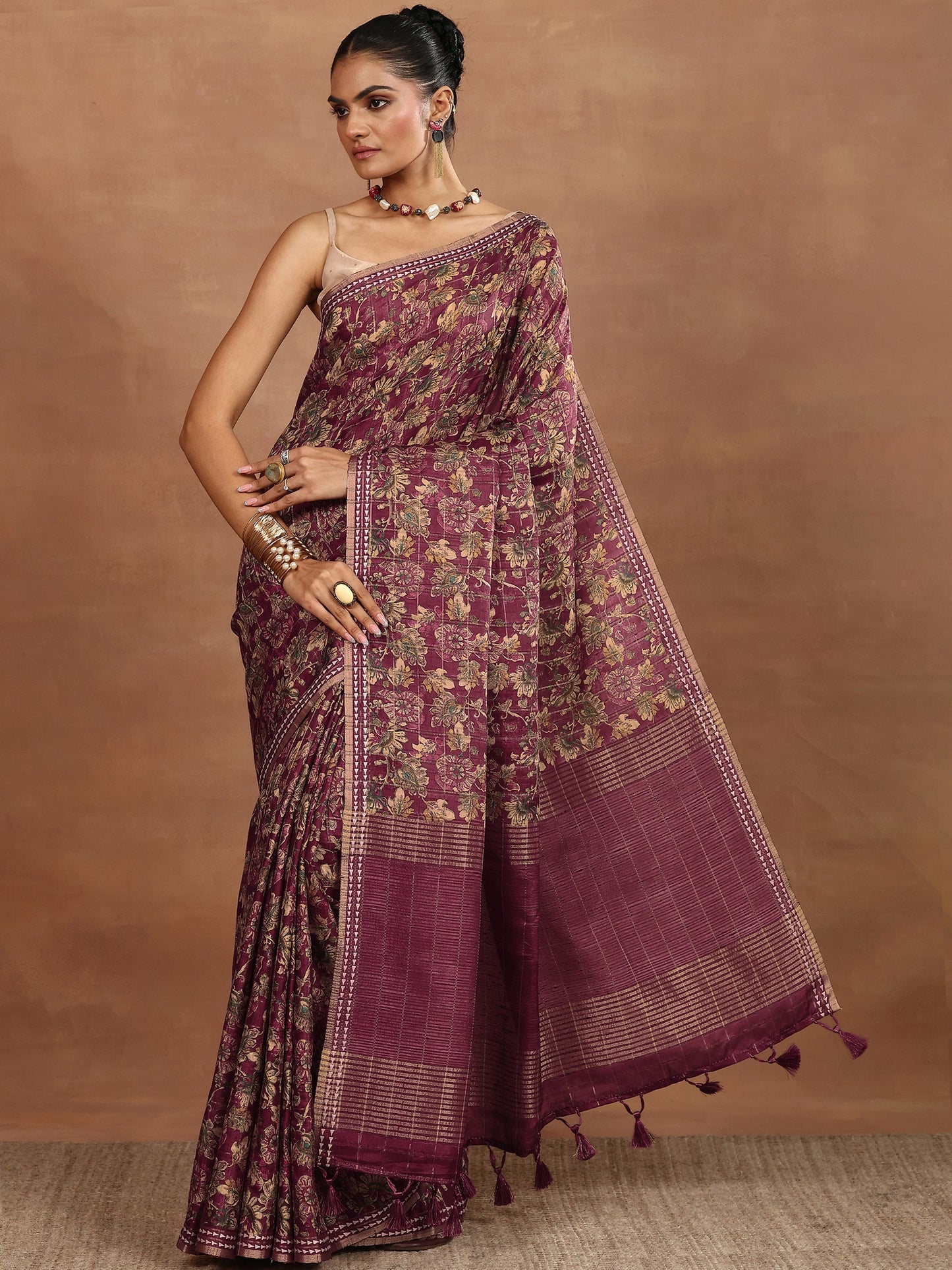 Maroon Printed Silk Blend Sarees With Unstitched Blouse Piece