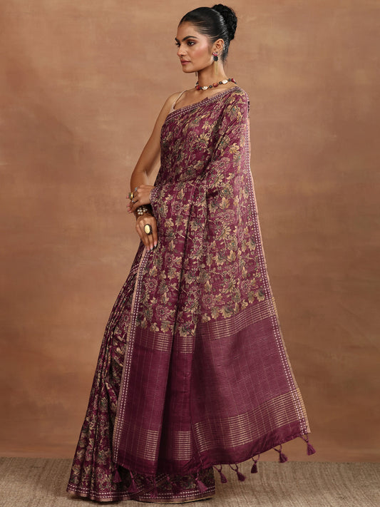 Maroon Printed Silk Blend Sarees With Unstitched Blouse Piece