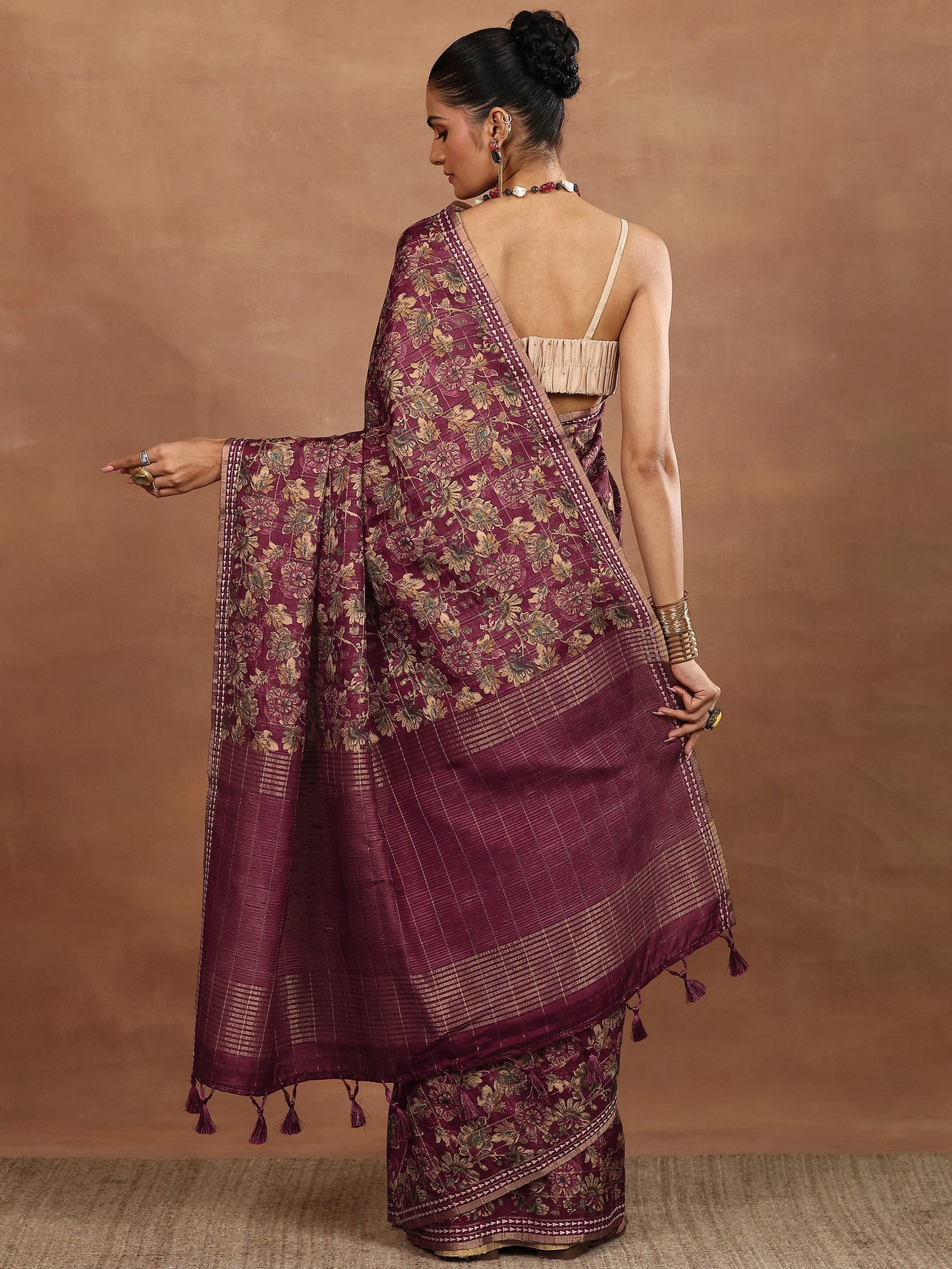 Maroon Printed Silk Blend Sarees With Unstitched Blouse Piece