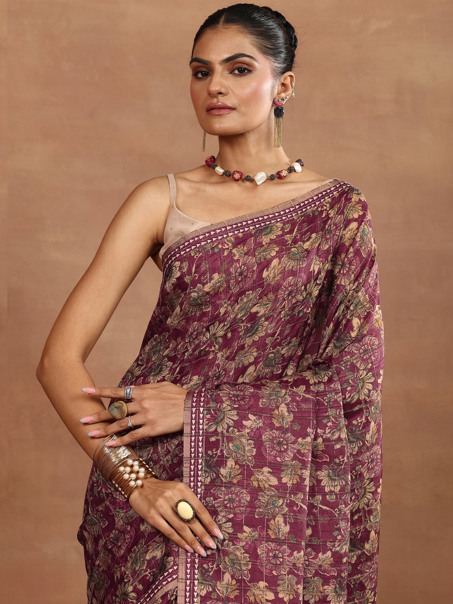 Maroon Printed Silk Blend Sarees With Unstitched Blouse Piece