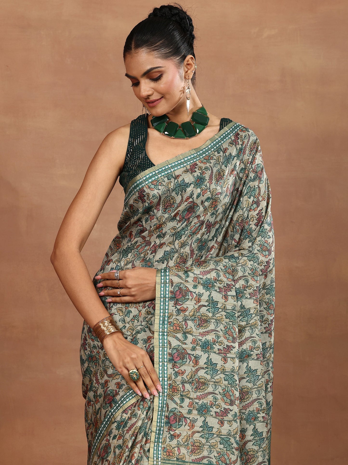 Green Printed Silk Blend Sarees With Unstitched Blouse Piece