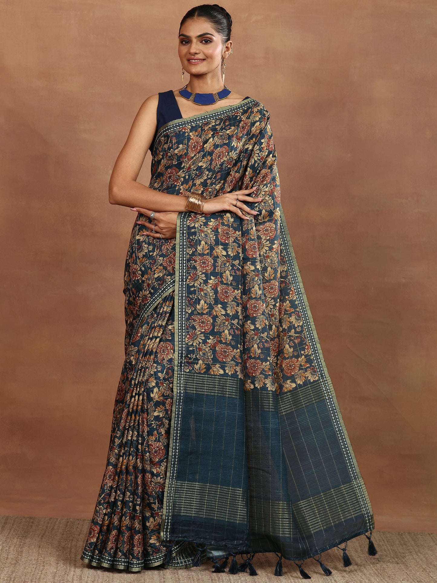 Teal Printed Silk Blend Sarees With Unstitched Blouse Piece
