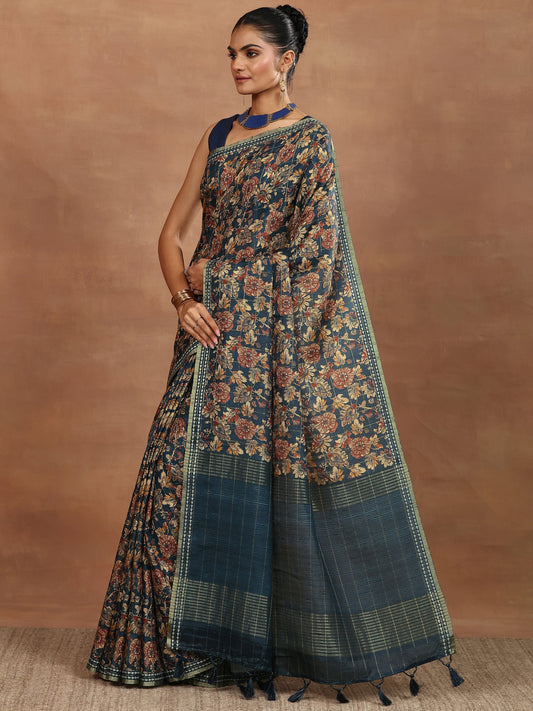 Teal Printed Silk Blend Sarees With Unstitched Blouse Piece