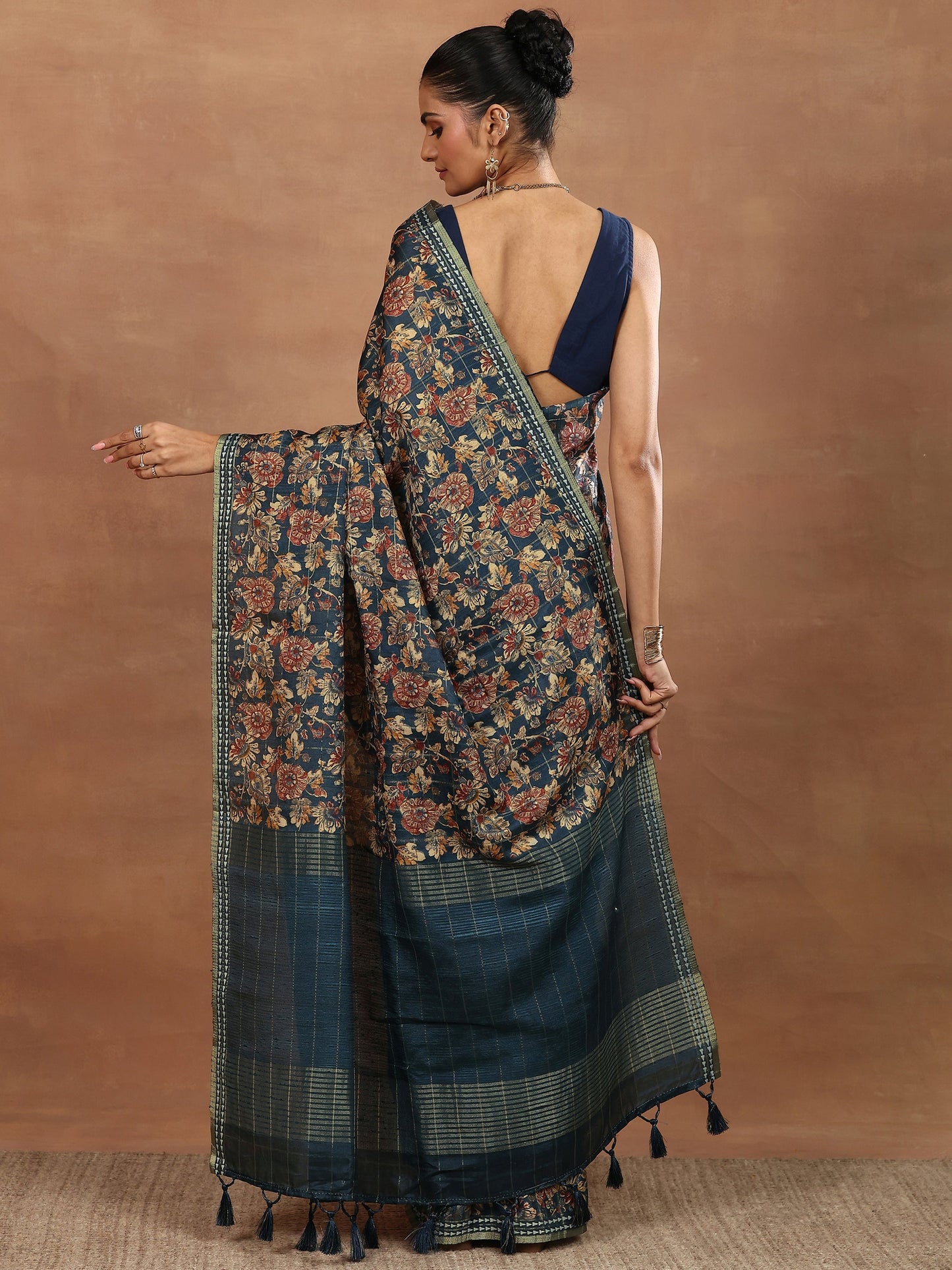 Teal Printed Silk Blend Sarees With Unstitched Blouse Piece