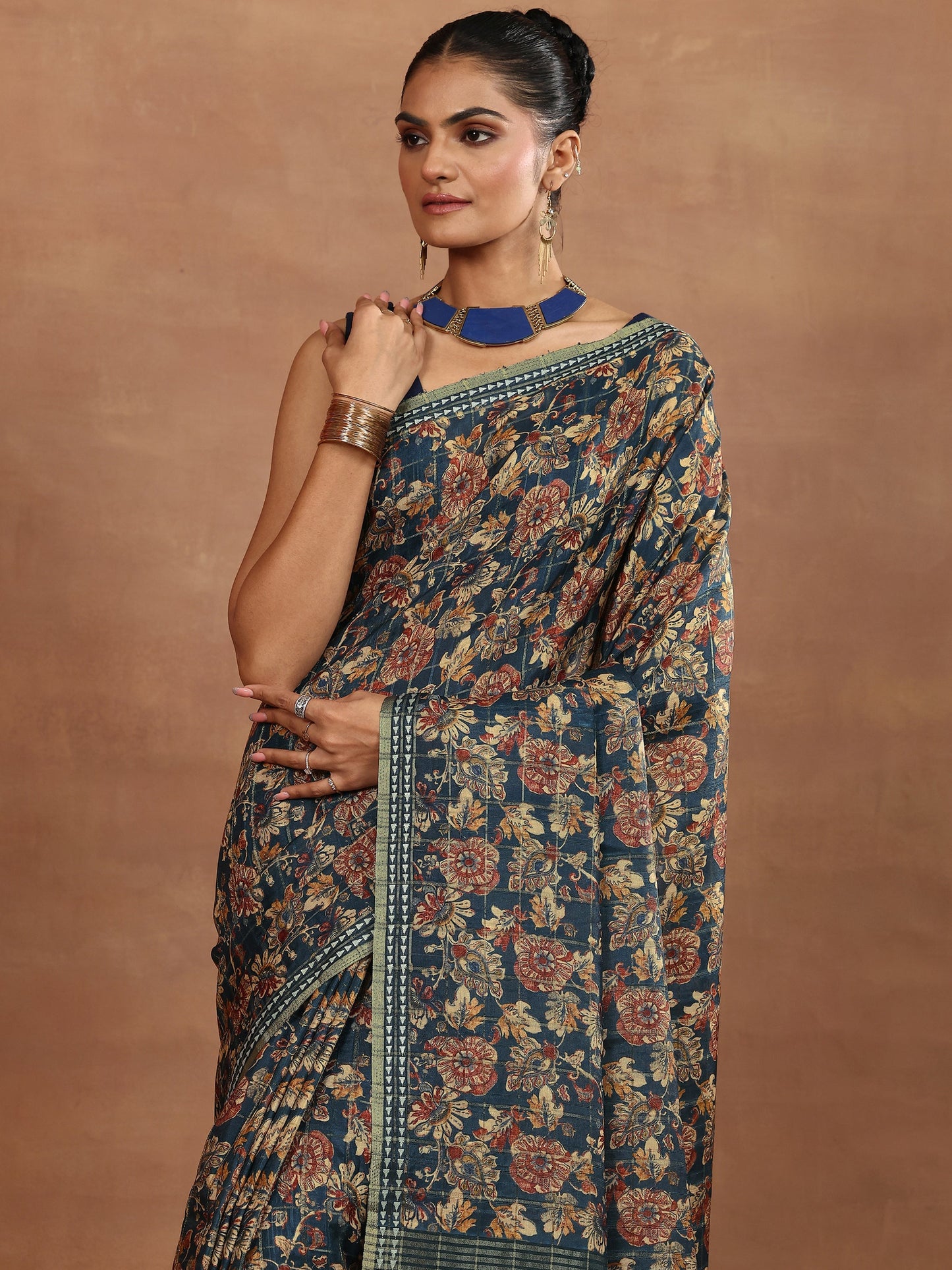 Teal Printed Silk Blend Sarees With Unstitched Blouse Piece