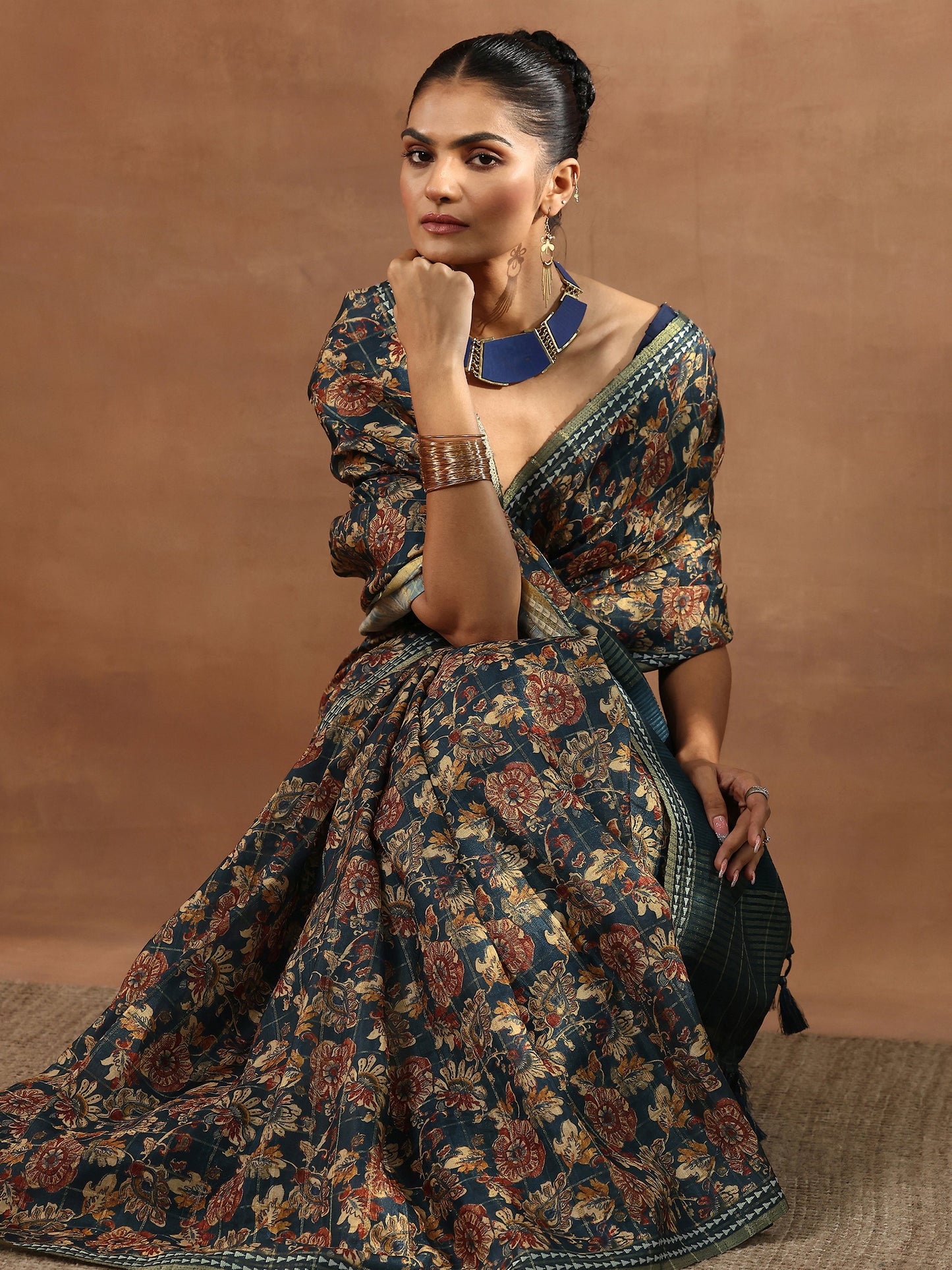 Teal Printed Silk Blend Sarees With Unstitched Blouse Piece