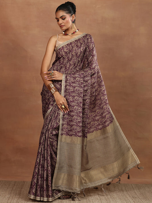 Burgundy Printed Silk Blend Sarees With Unstitched Blouse Piece