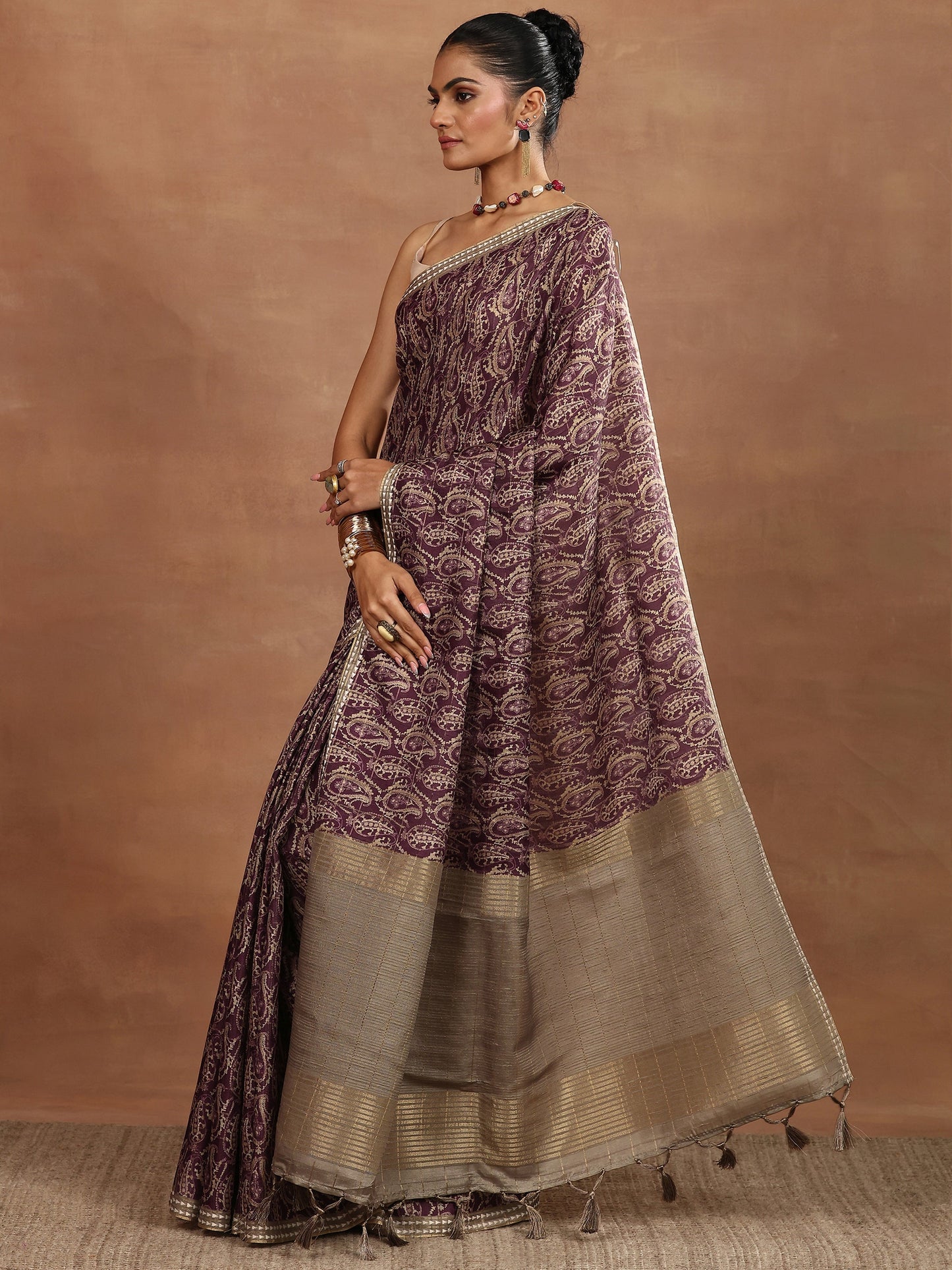 Burgundy Printed Silk Blend Sarees With Unstitched Blouse Piece