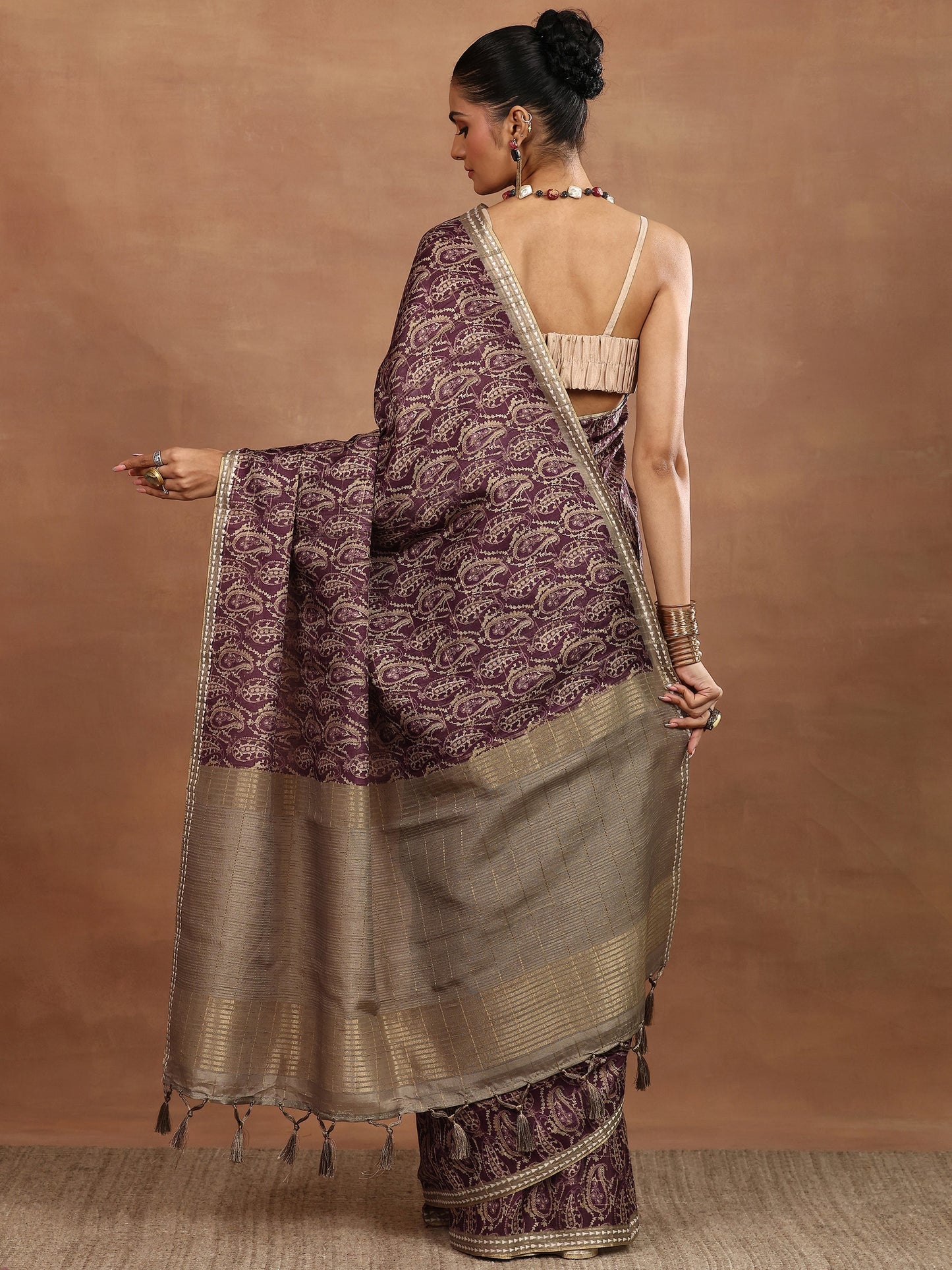 Burgundy Printed Silk Blend Sarees With Unstitched Blouse Piece
