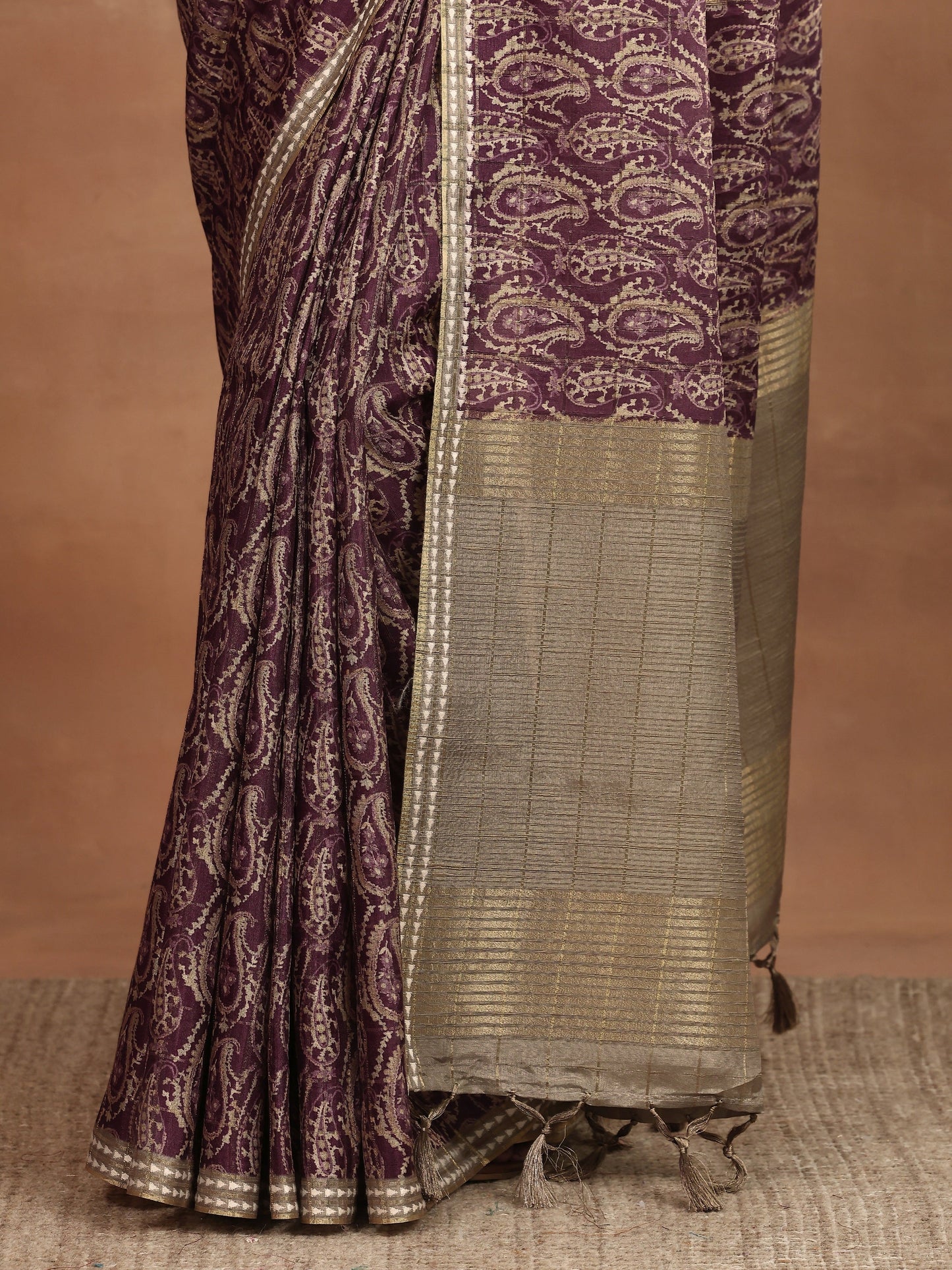 Burgundy Printed Silk Blend Sarees With Unstitched Blouse Piece