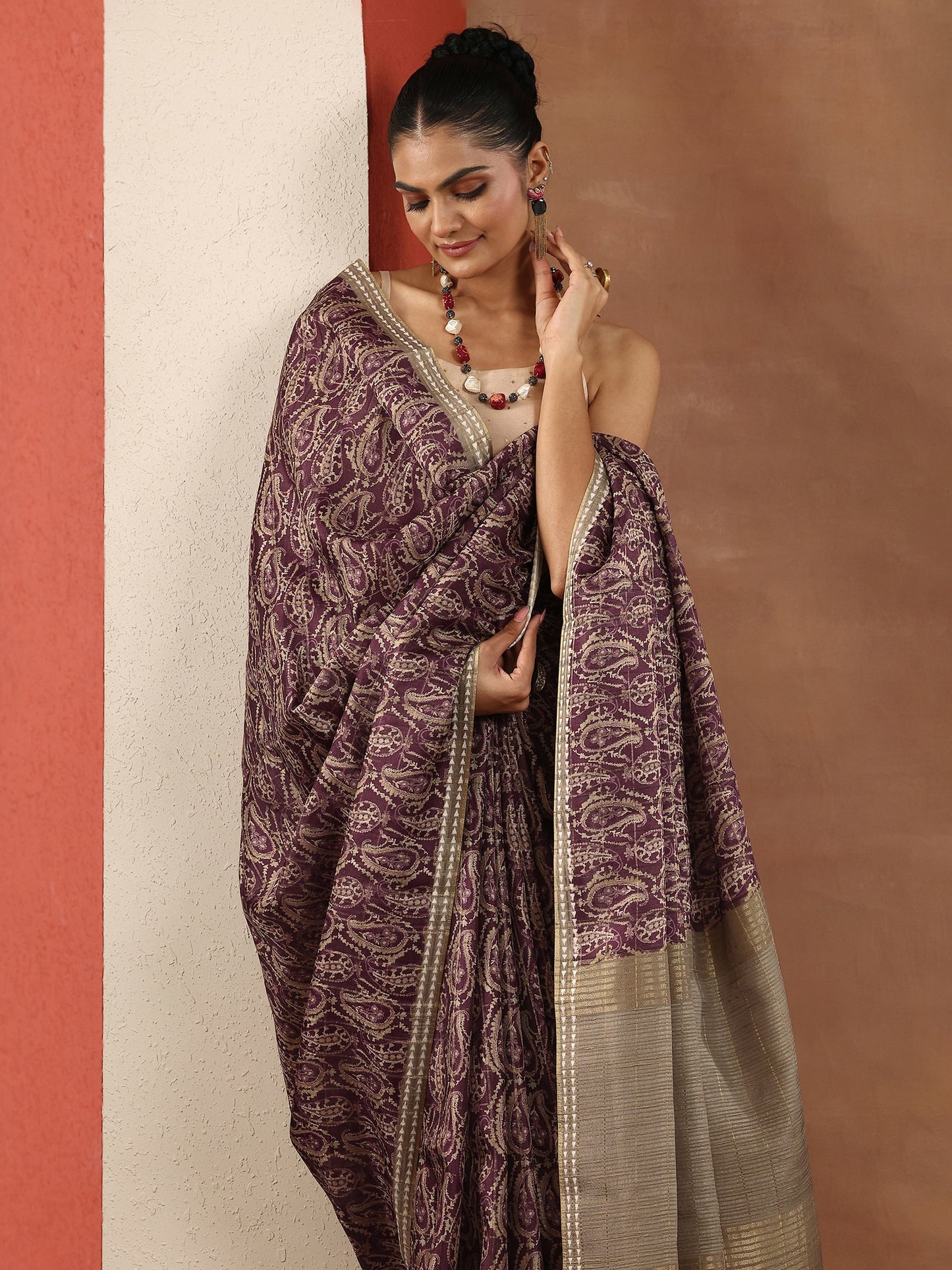 Burgundy Printed Silk Blend Sarees With Unstitched Blouse Piece