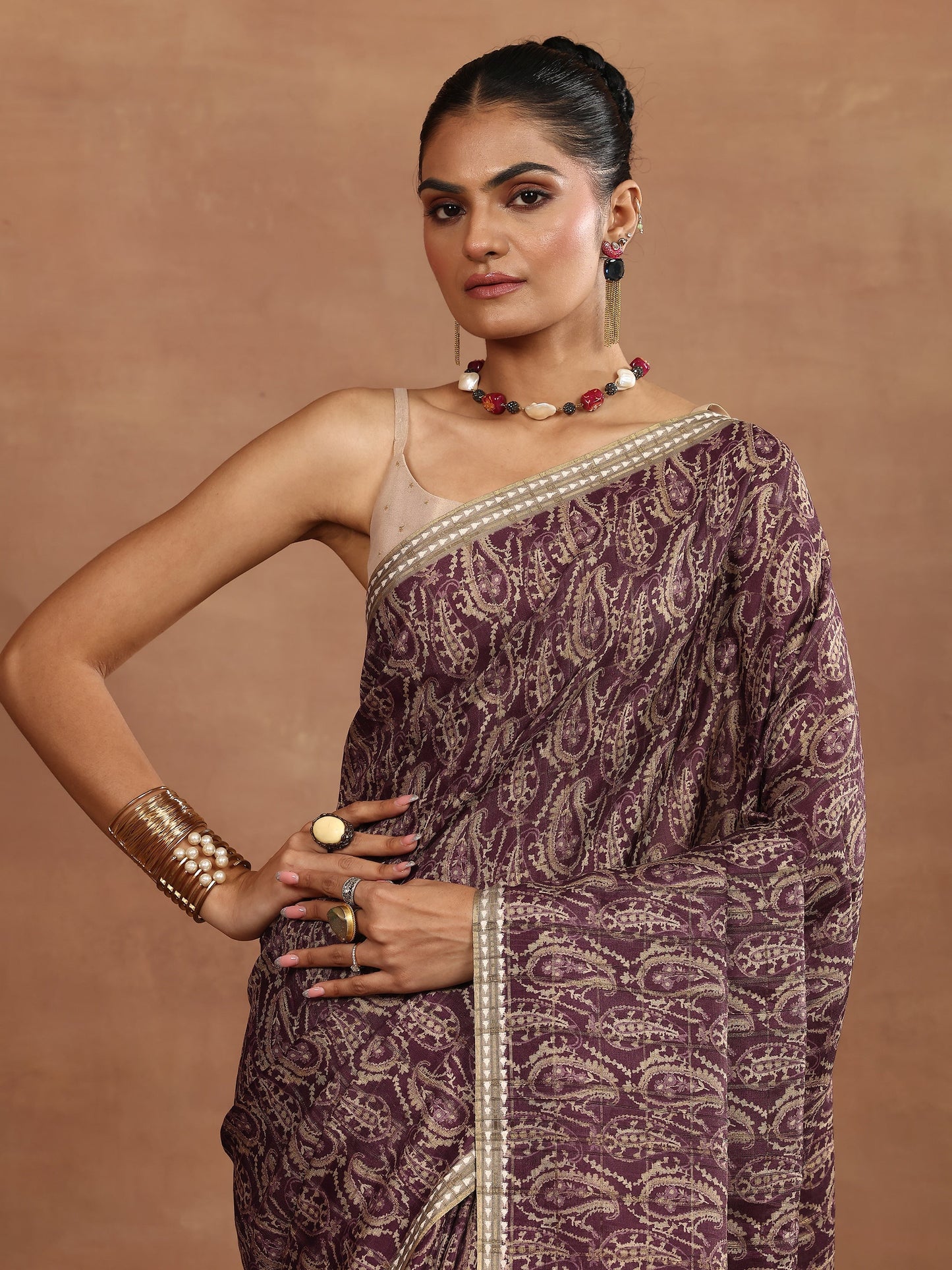 Burgundy Printed Silk Blend Sarees With Unstitched Blouse Piece