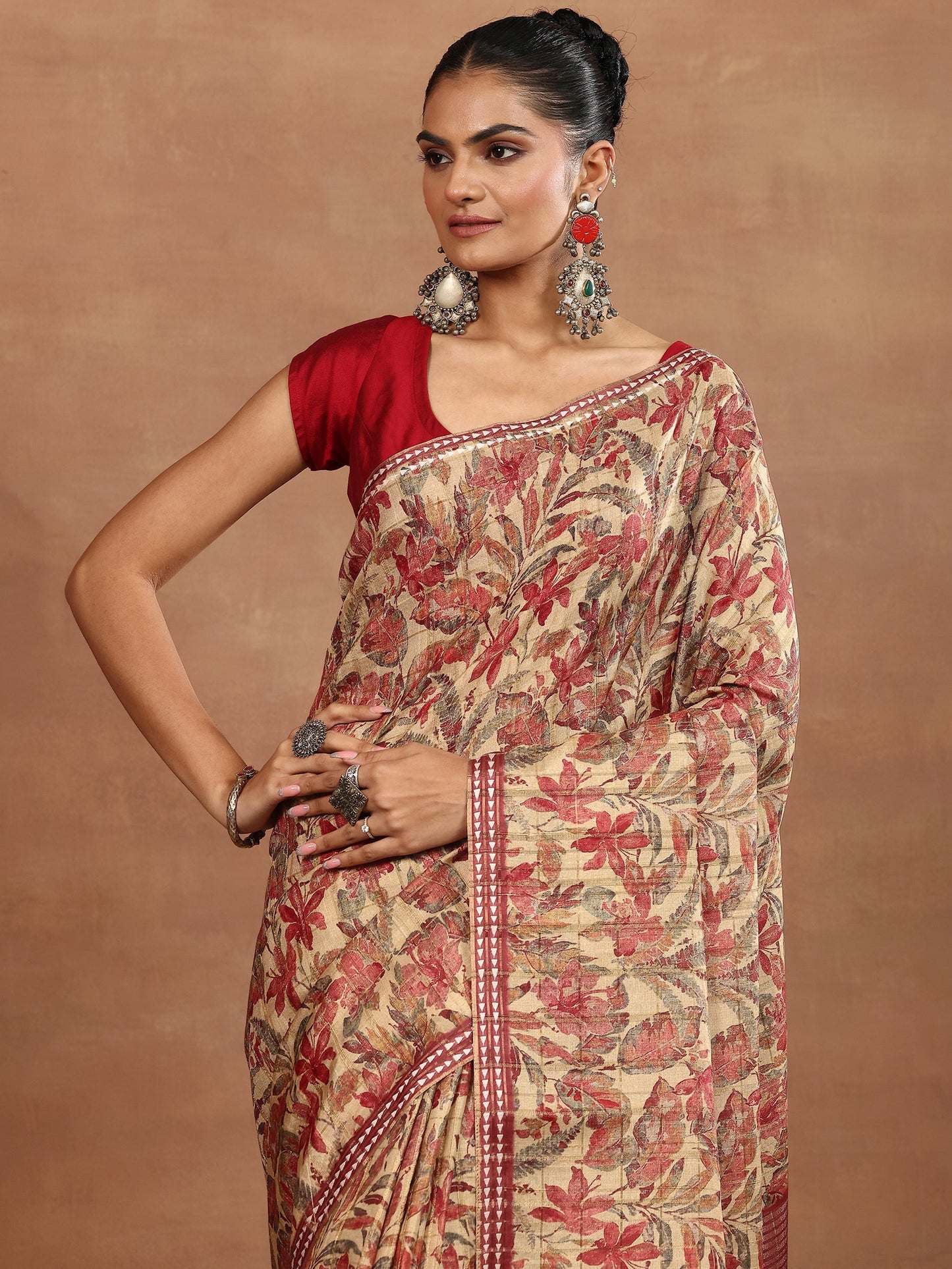 Beige Printed Silk Blend Sarees With Unstitched Blouse Piece