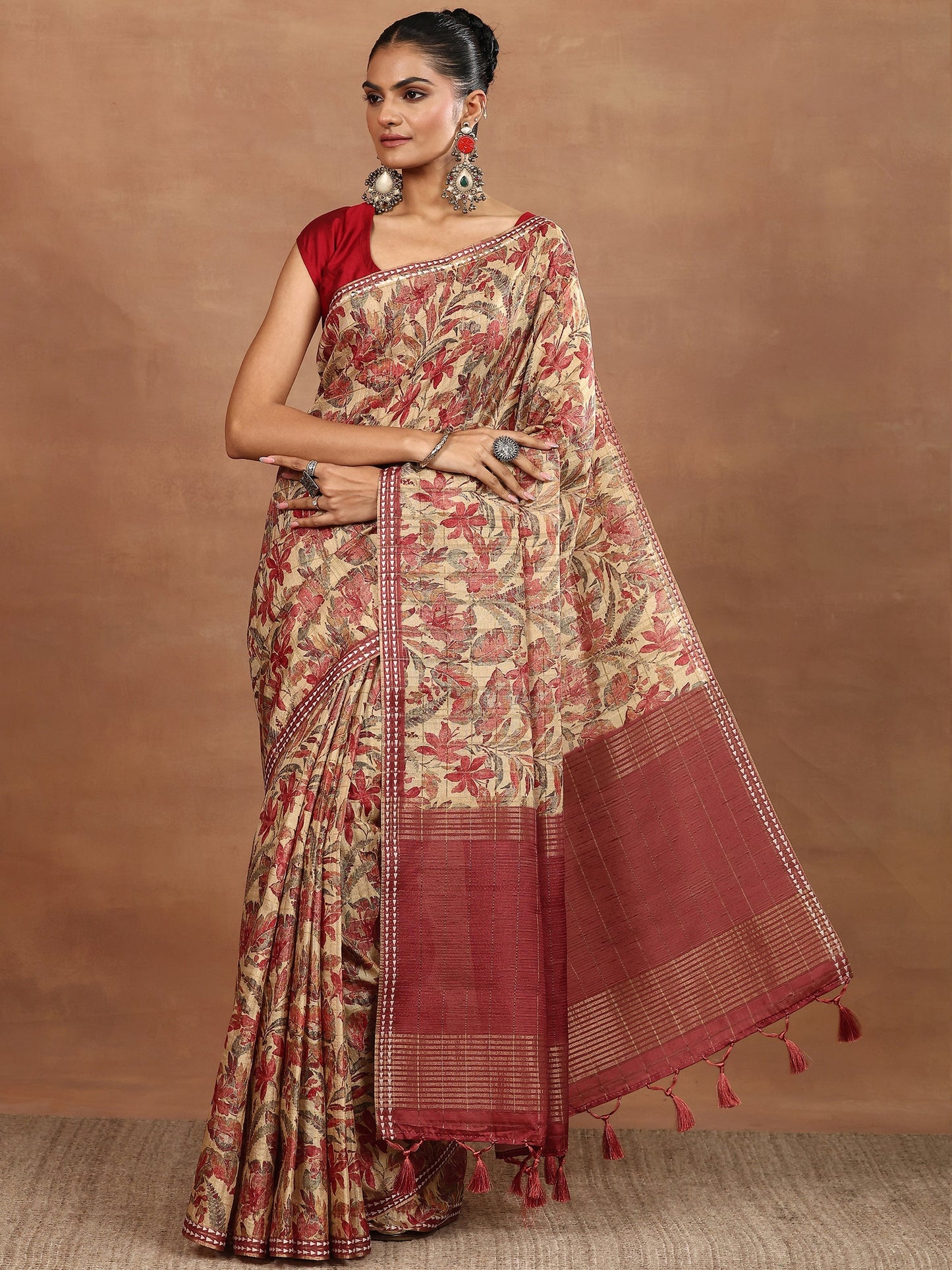 Beige Printed Silk Blend Sarees With Unstitched Blouse Piece