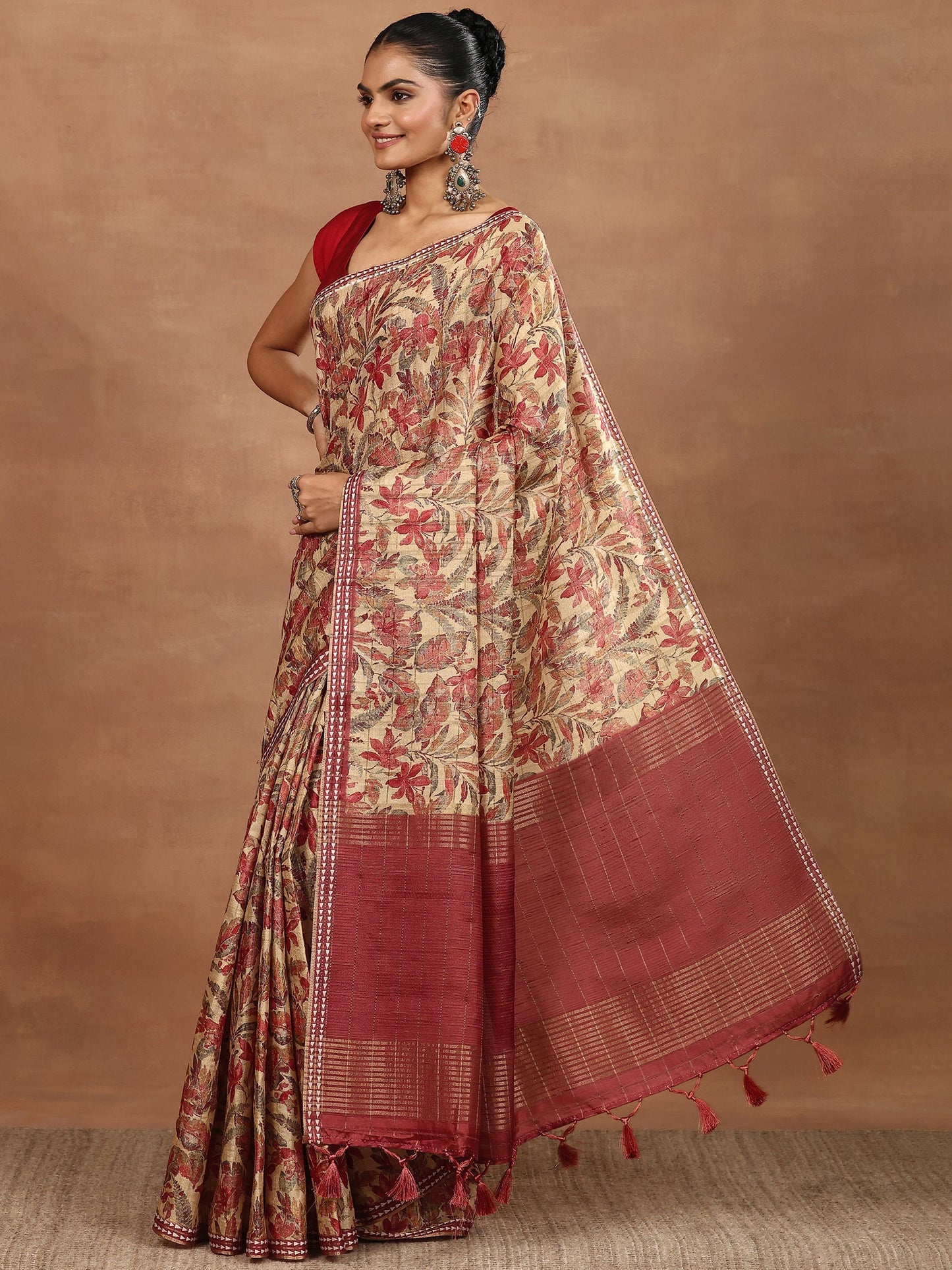 Beige Printed Silk Blend Sarees With Unstitched Blouse Piece
