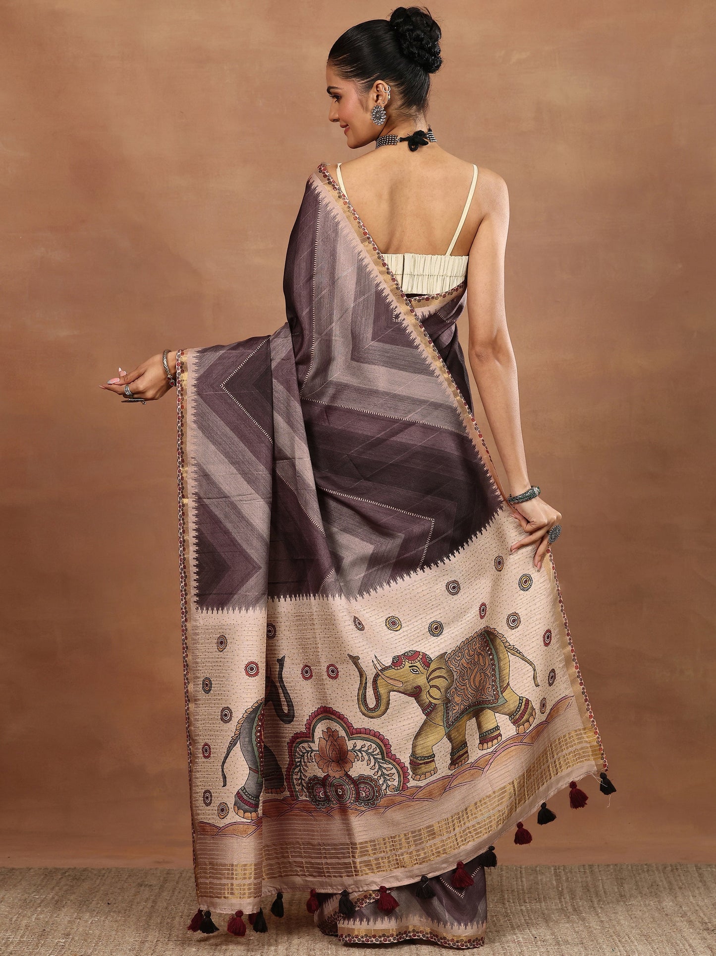 Brown Printed Silk Blend Sarees With Unstitched Blouse Piece