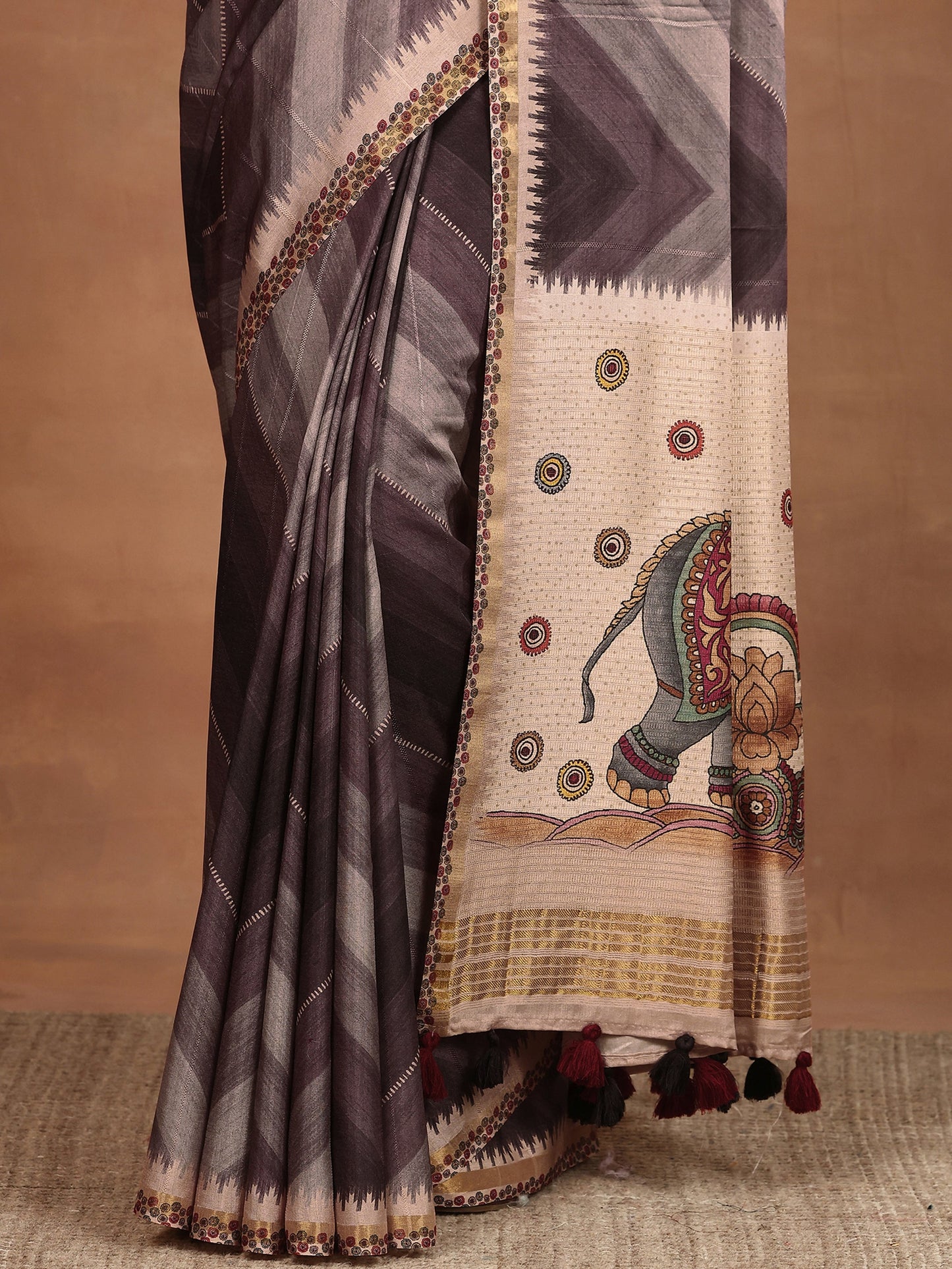 Brown Printed Silk Blend Sarees With Unstitched Blouse Piece