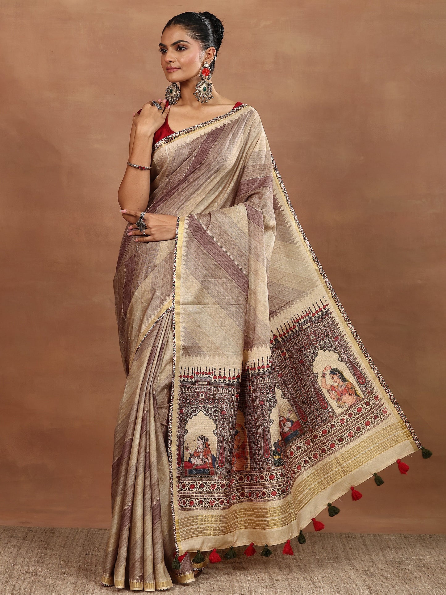 Beige Printed Silk Blend Sarees With Unstitched Blouse Piece
