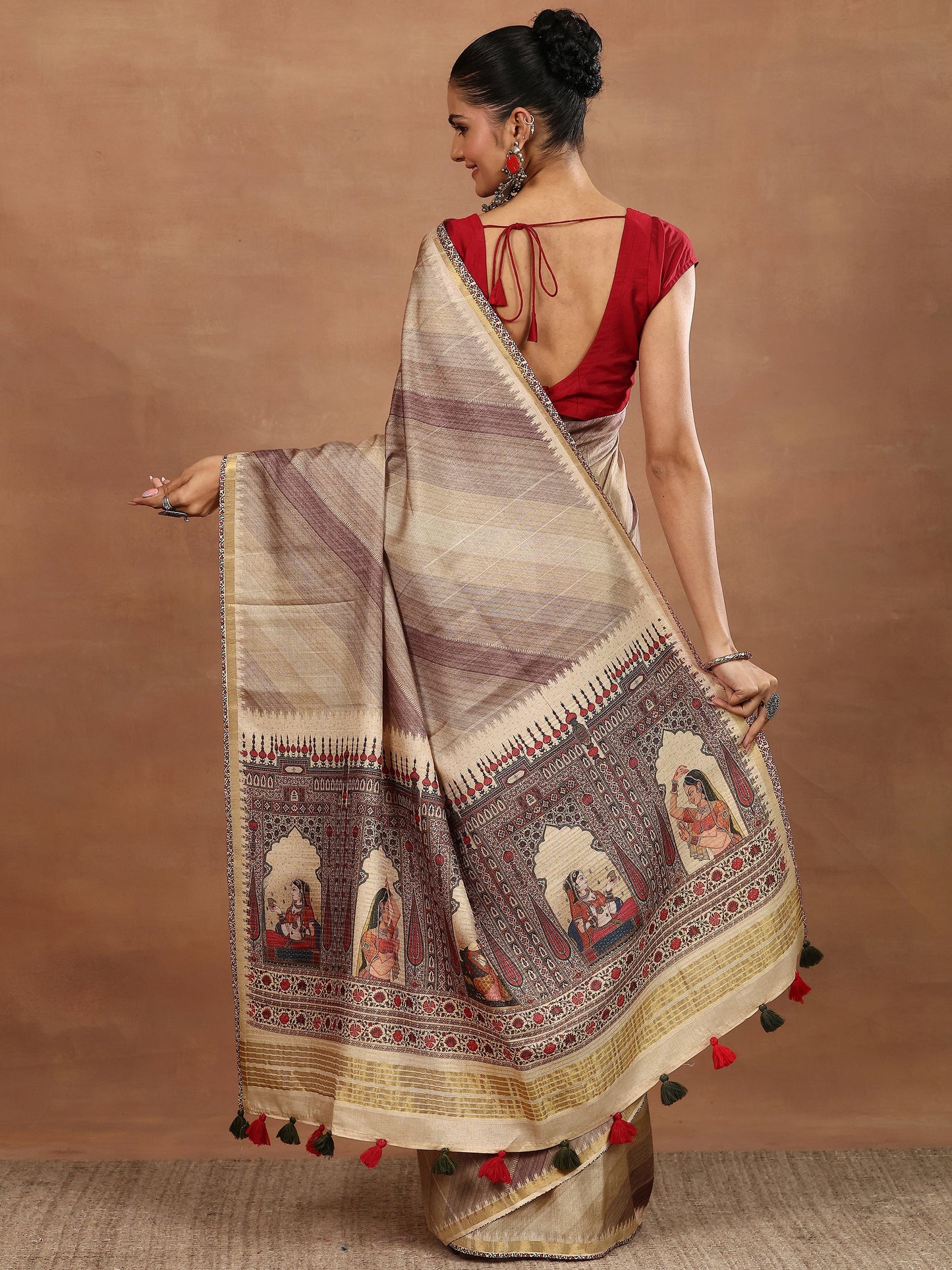 Beige Printed Silk Blend Sarees With Unstitched Blouse Piece