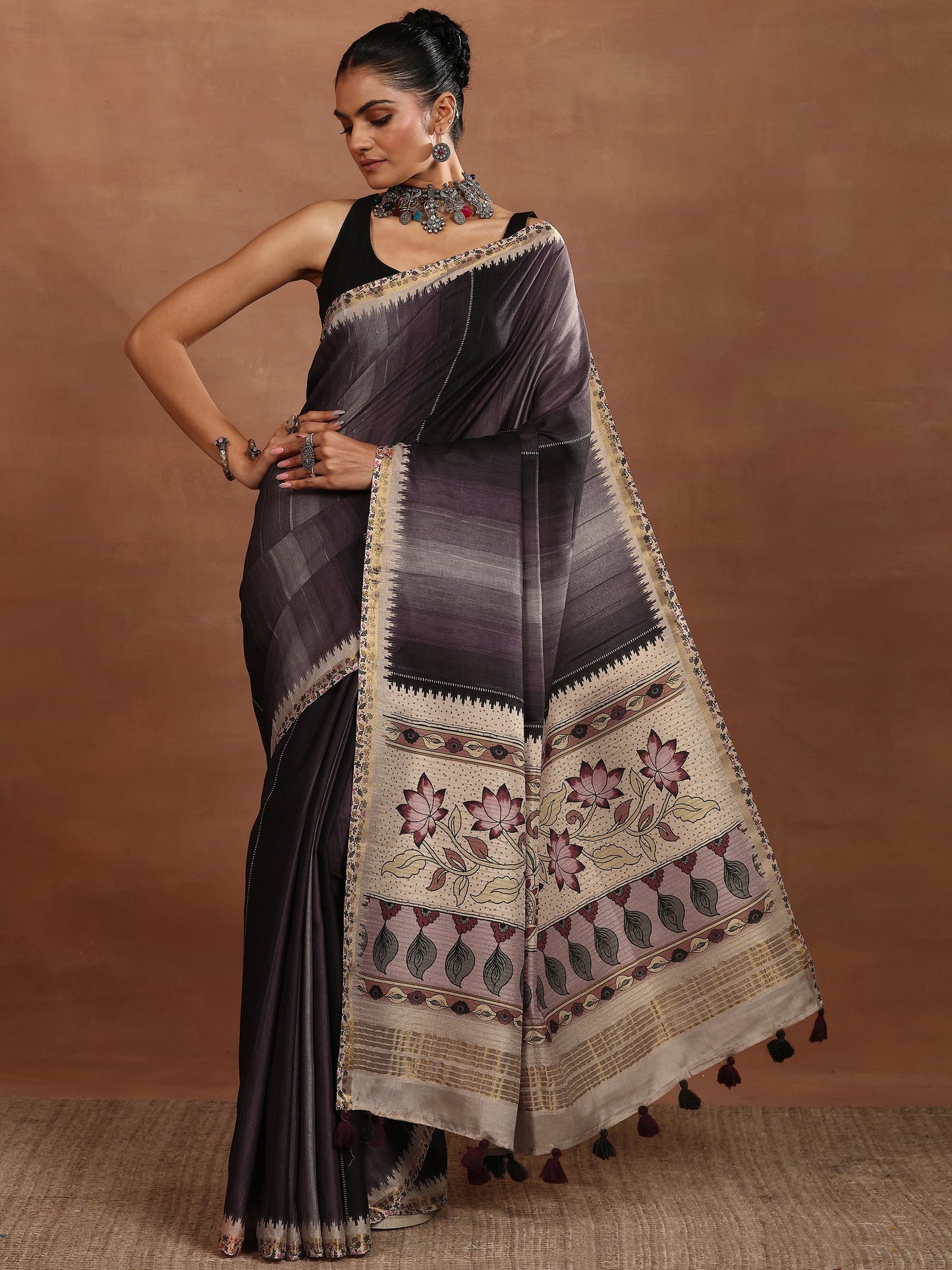 Purple Printed Silk Blend Sarees With Unstitched Blouse Piece
