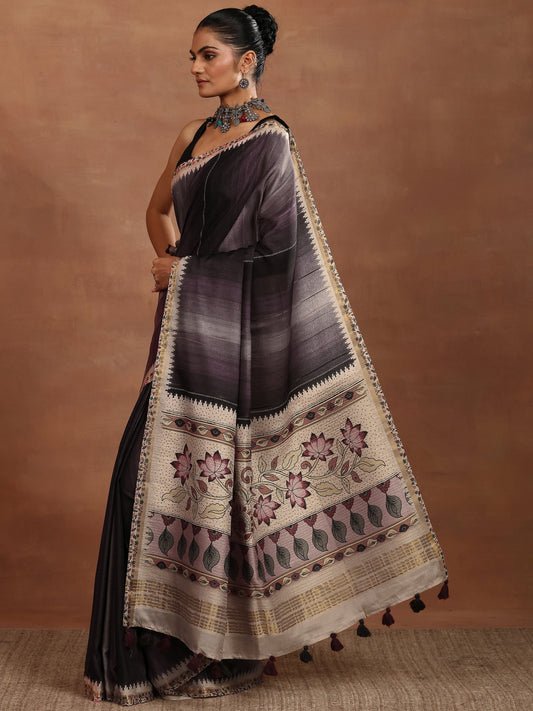 Purple Printed Silk Blend Sarees With Unstitched Blouse Piece