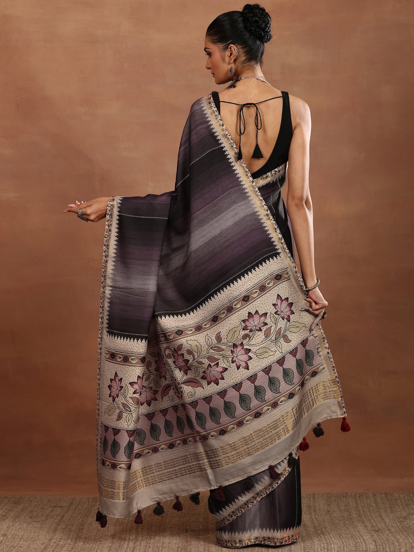 Purple Printed Silk Blend Sarees With Unstitched Blouse Piece