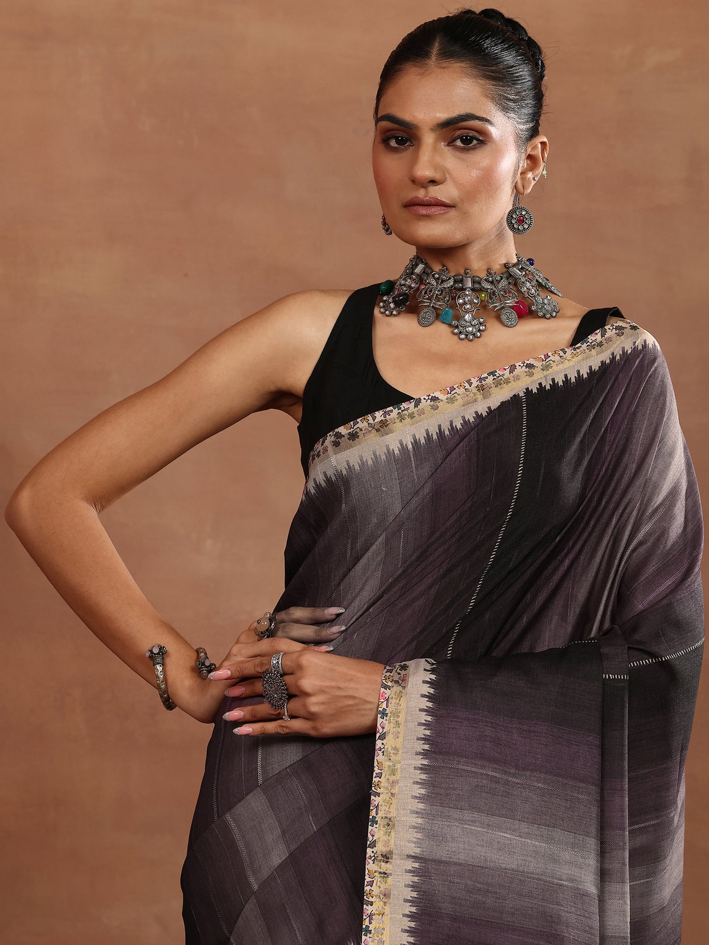 Purple Printed Silk Blend Sarees With Unstitched Blouse Piece