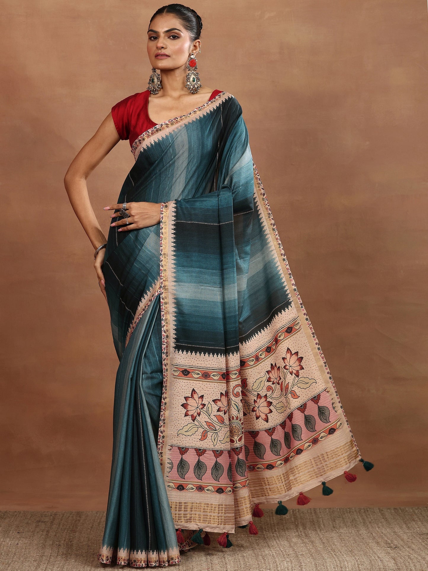 Blue Printed Silk Blend Sarees With Unstitched Blouse Piece