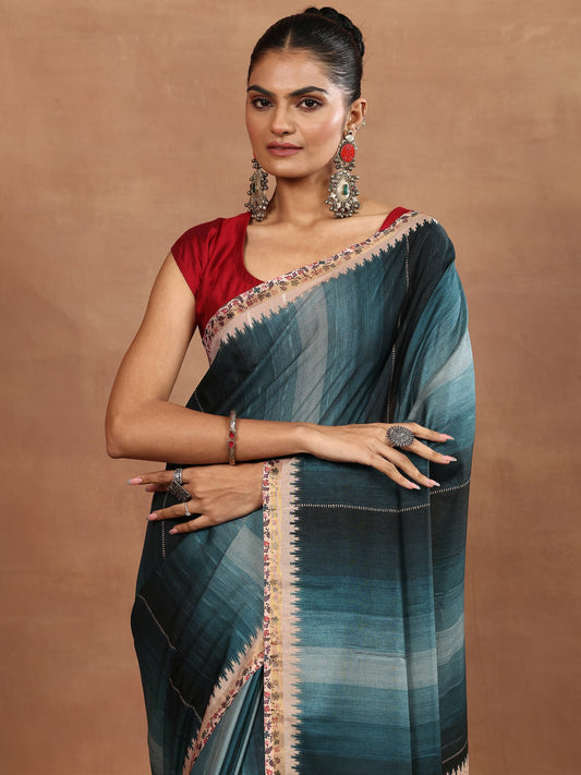 Blue Printed Silk Blend Sarees With Unstitched Blouse Piece