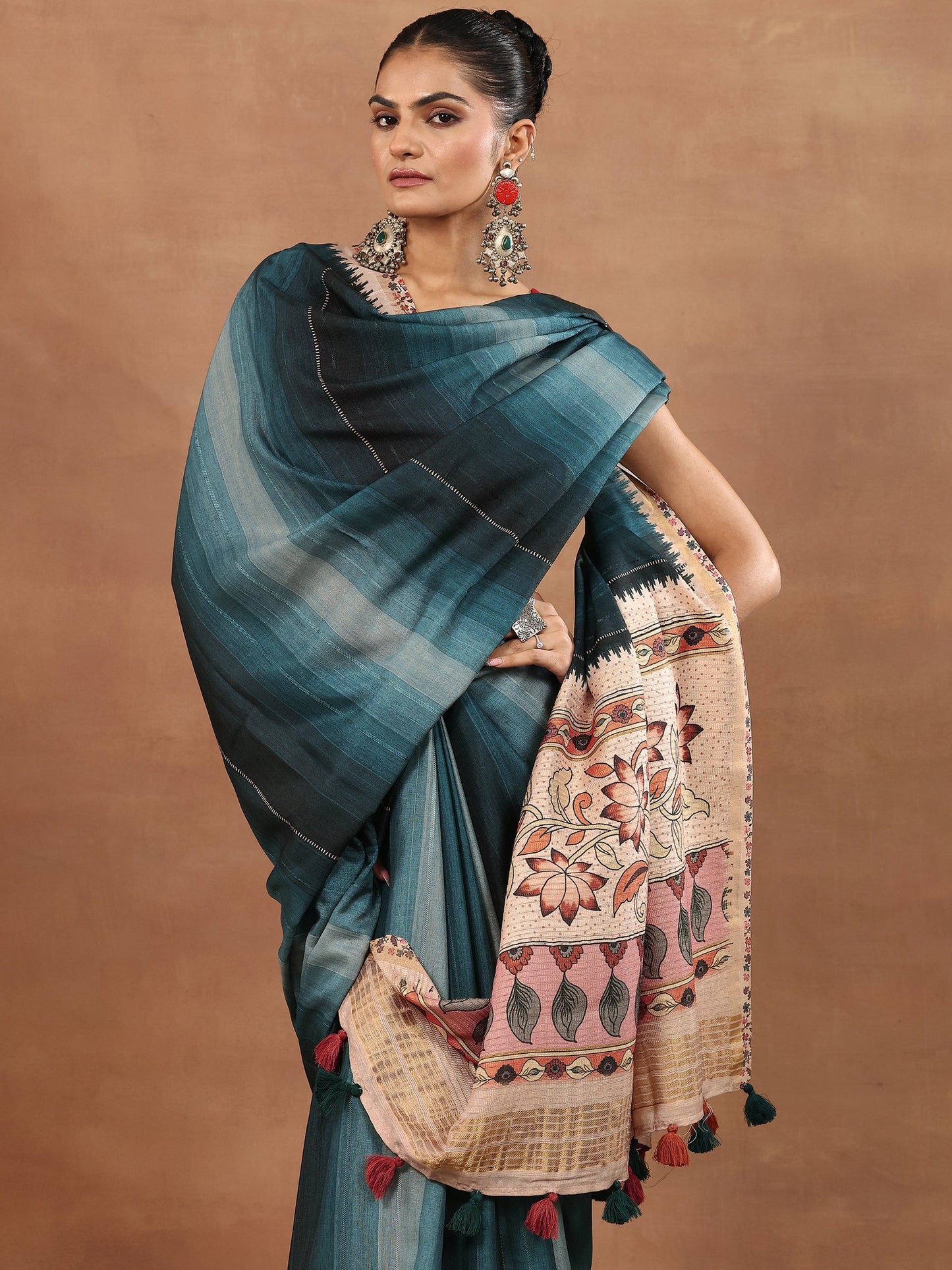 Blue Printed Silk Blend Sarees With Unstitched Blouse Piece