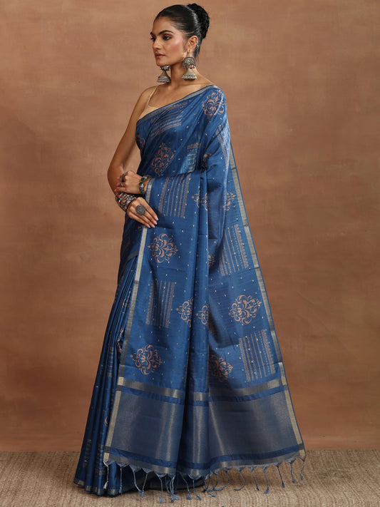 Blue Printed Silk Blend Sarees With Unstitched Blouse Piece