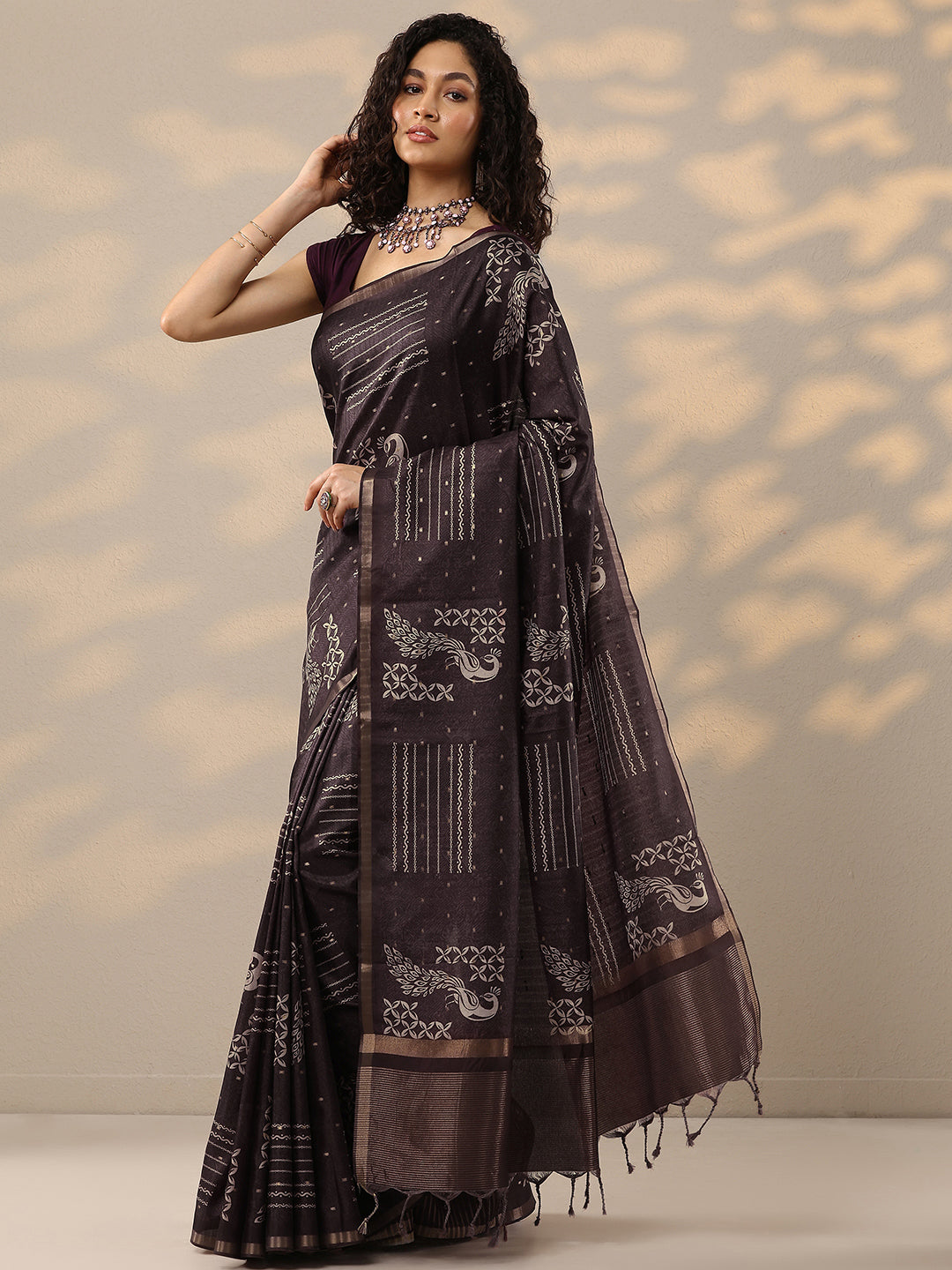 Burgundy Printed Silk Blend Sarees With Unstitched Blouse Piece