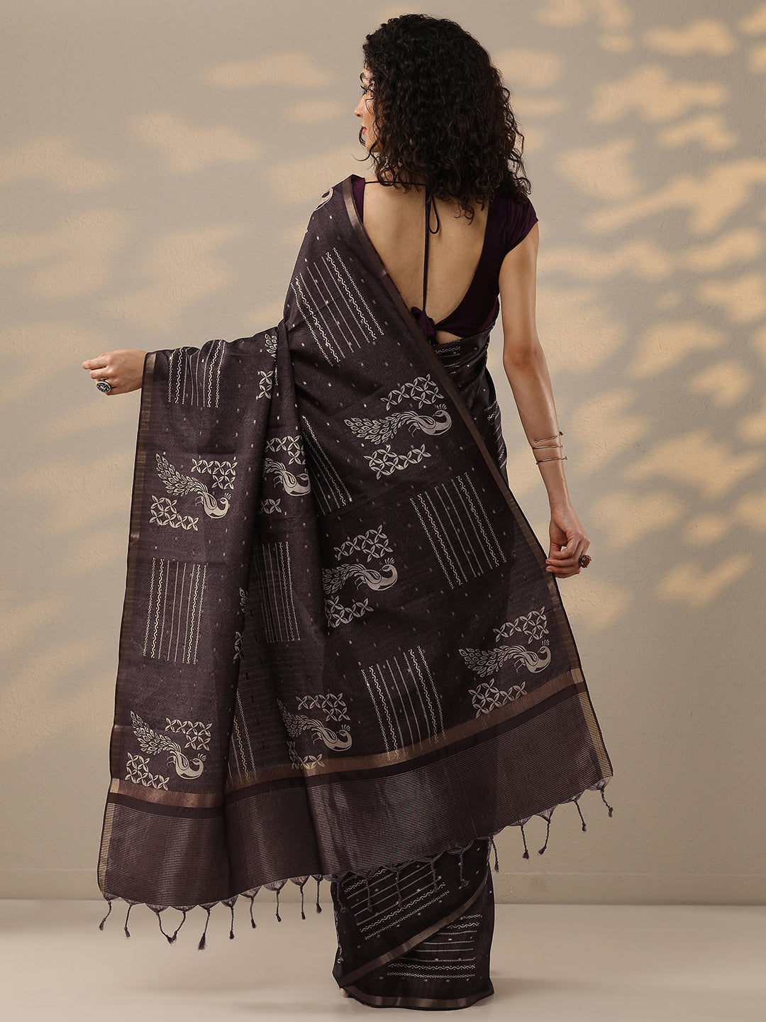 Burgundy Printed Silk Blend Sarees With Unstitched Blouse Piece