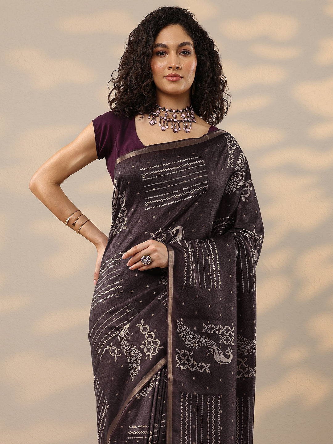 Burgundy Printed Silk Blend Sarees With Unstitched Blouse Piece