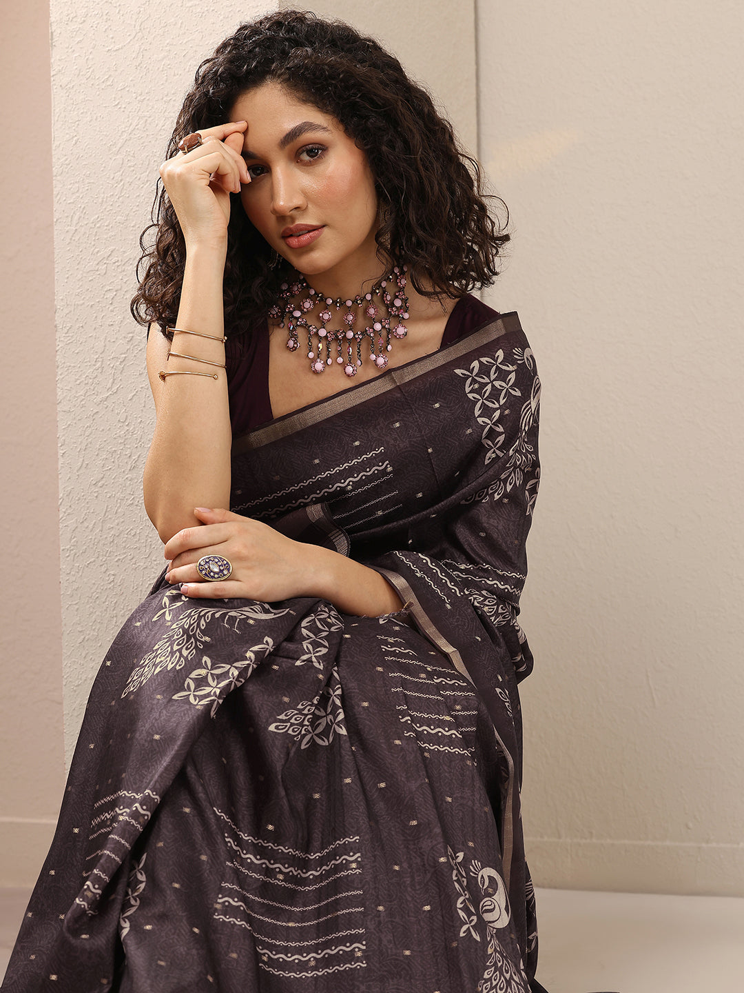 Burgundy Printed Silk Blend Sarees With Unstitched Blouse Piece