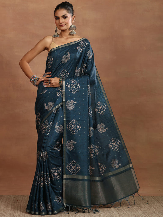 Blue Printed Silk Blend Sarees With Unstitched Blouse Piece
