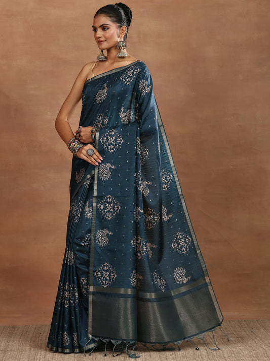 Blue Printed Silk Blend Sarees With Unstitched Blouse Piece
