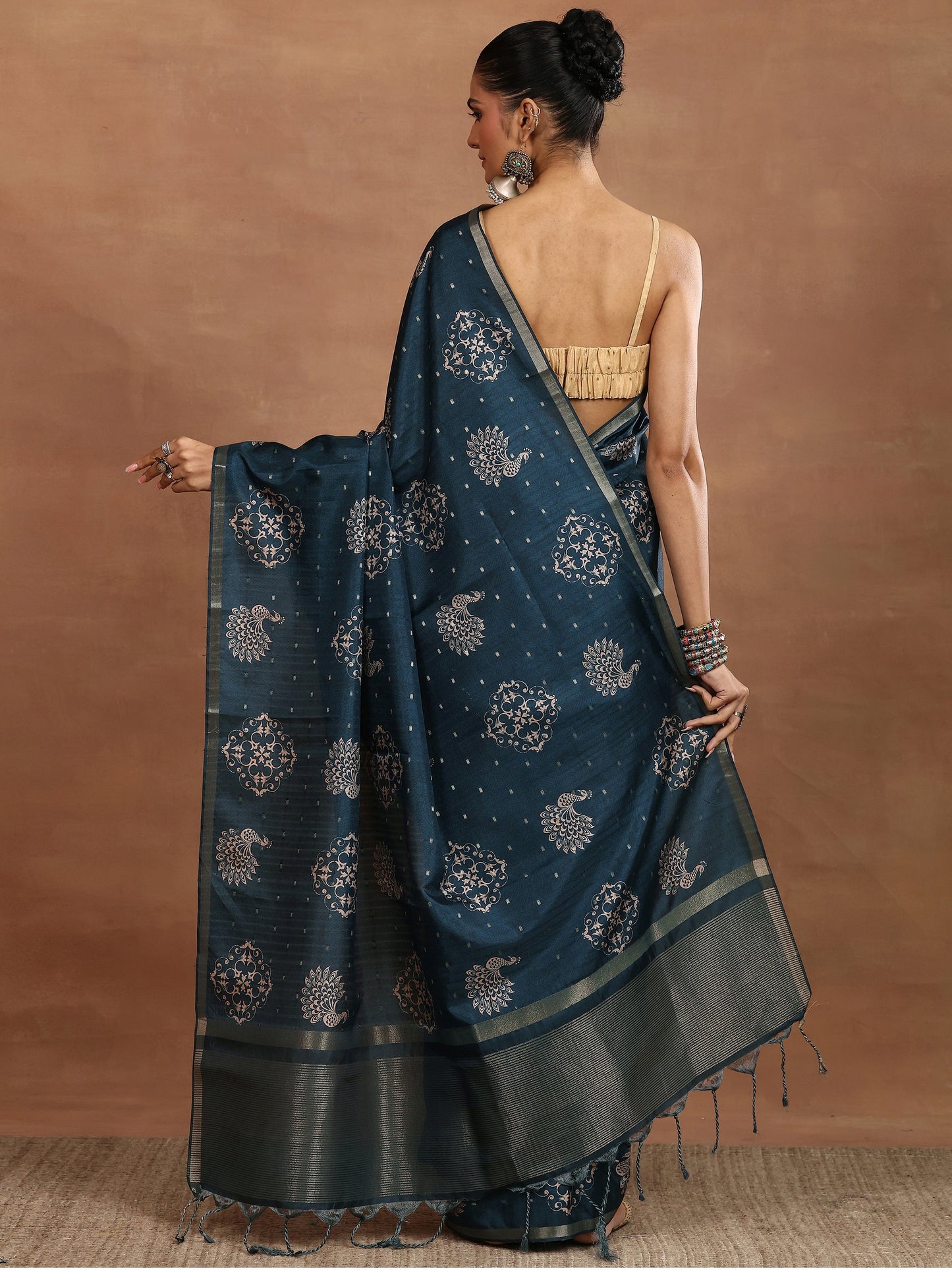 Blue Printed Silk Blend Sarees With Unstitched Blouse Piece