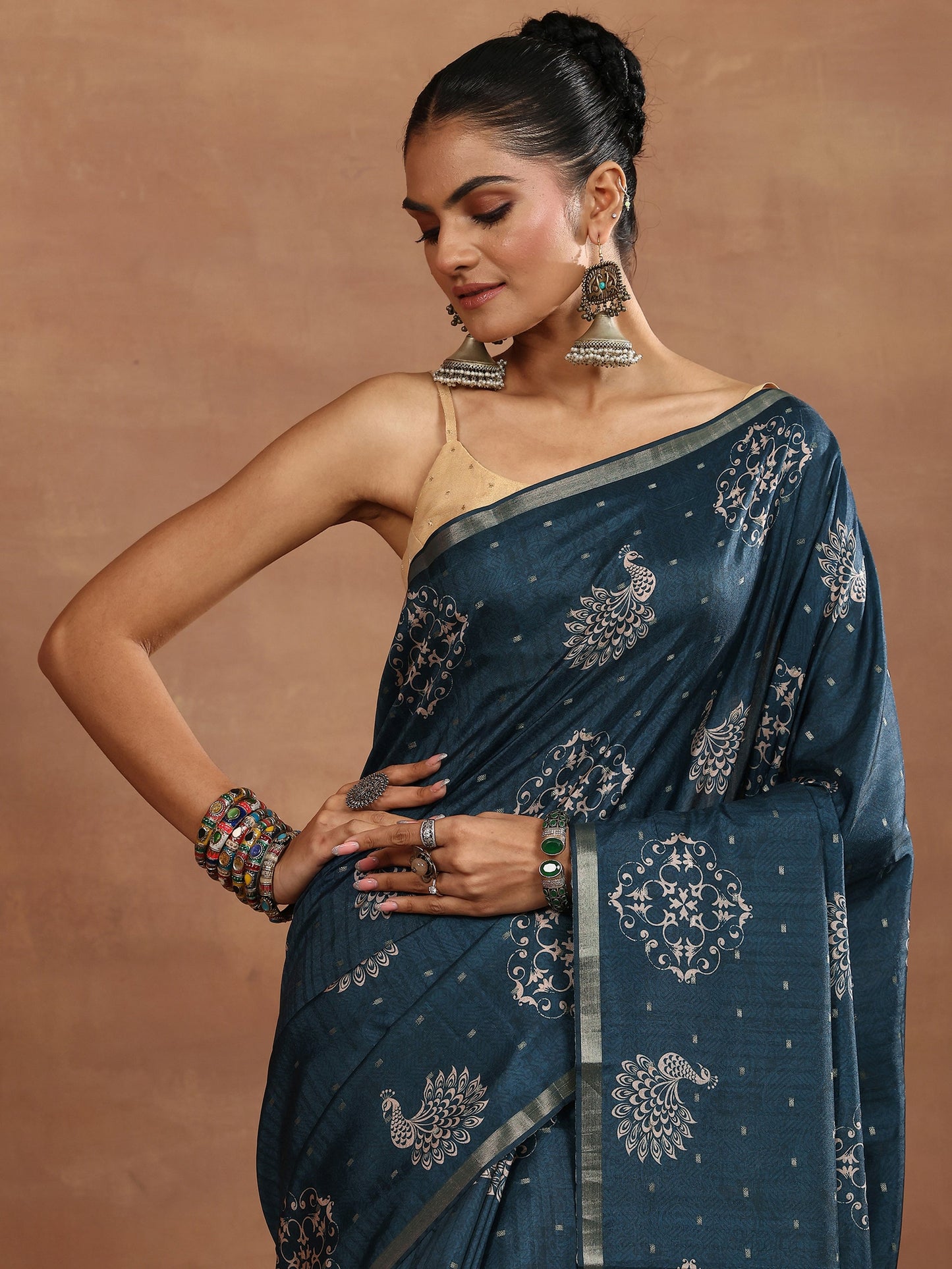 Blue Printed Silk Blend Sarees With Unstitched Blouse Piece